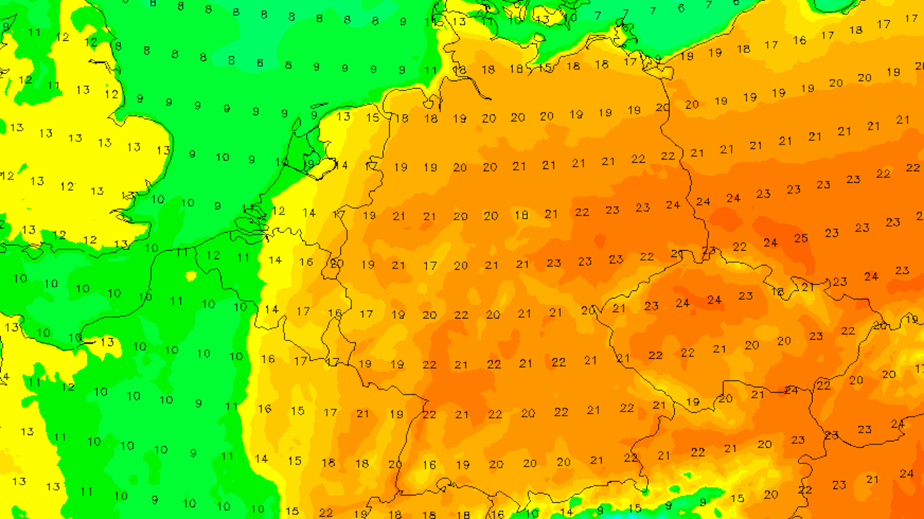 Es wird warm! Die Karte zeigt die Höchstwerte am Karsamstag nach dem deutschen Wettermodell ICON.