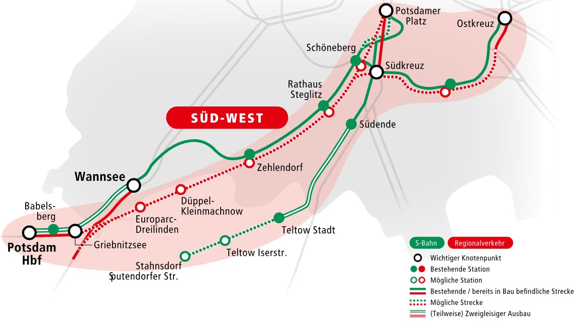 Auf der rot gepunkteten Strecke könnten künftig Regiozüge über die alte Stammbahnstrecke fahren. Grün gepunktet ist eine mögliche Verlängerung der S-Bahn-Linie S25 von Teltow-Stadt bis nach Stahnsdorf.