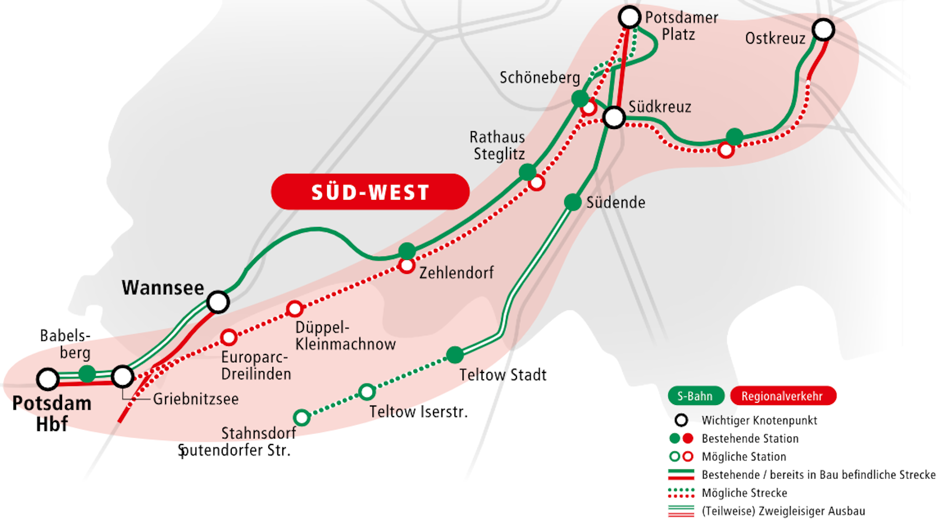 Auf der rot gepunkteten Strecke könnten künftig Regiozüge über die alte Stammbahnstrecke fahren. Grün gepunktet ist eine mögliche Verlängerung der S-Bahn-Linie S25 von Teltow-Stadt bis nach Stahnsdorf.