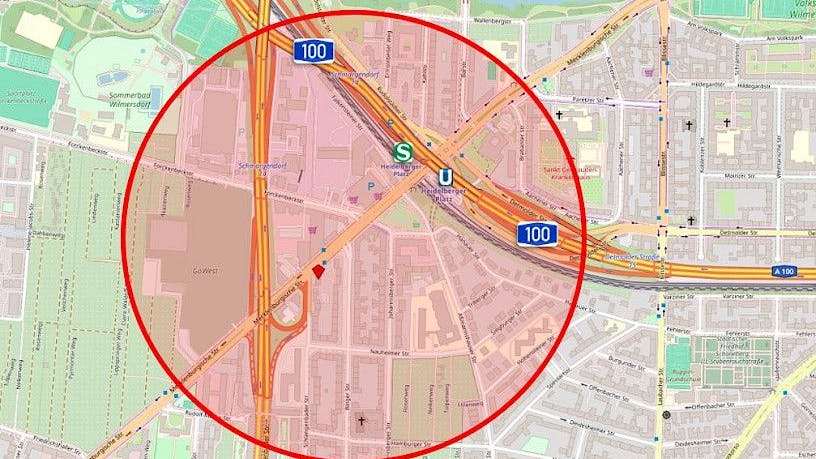 Die Karte zeigt den Sperrkreis für die Entschärfung der Bombe in Schmargendorf.