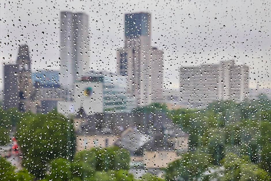 ARCHIV - Regentropfen sind an einer Fensterscheibe vor der Skyline der City West zu sehen.  