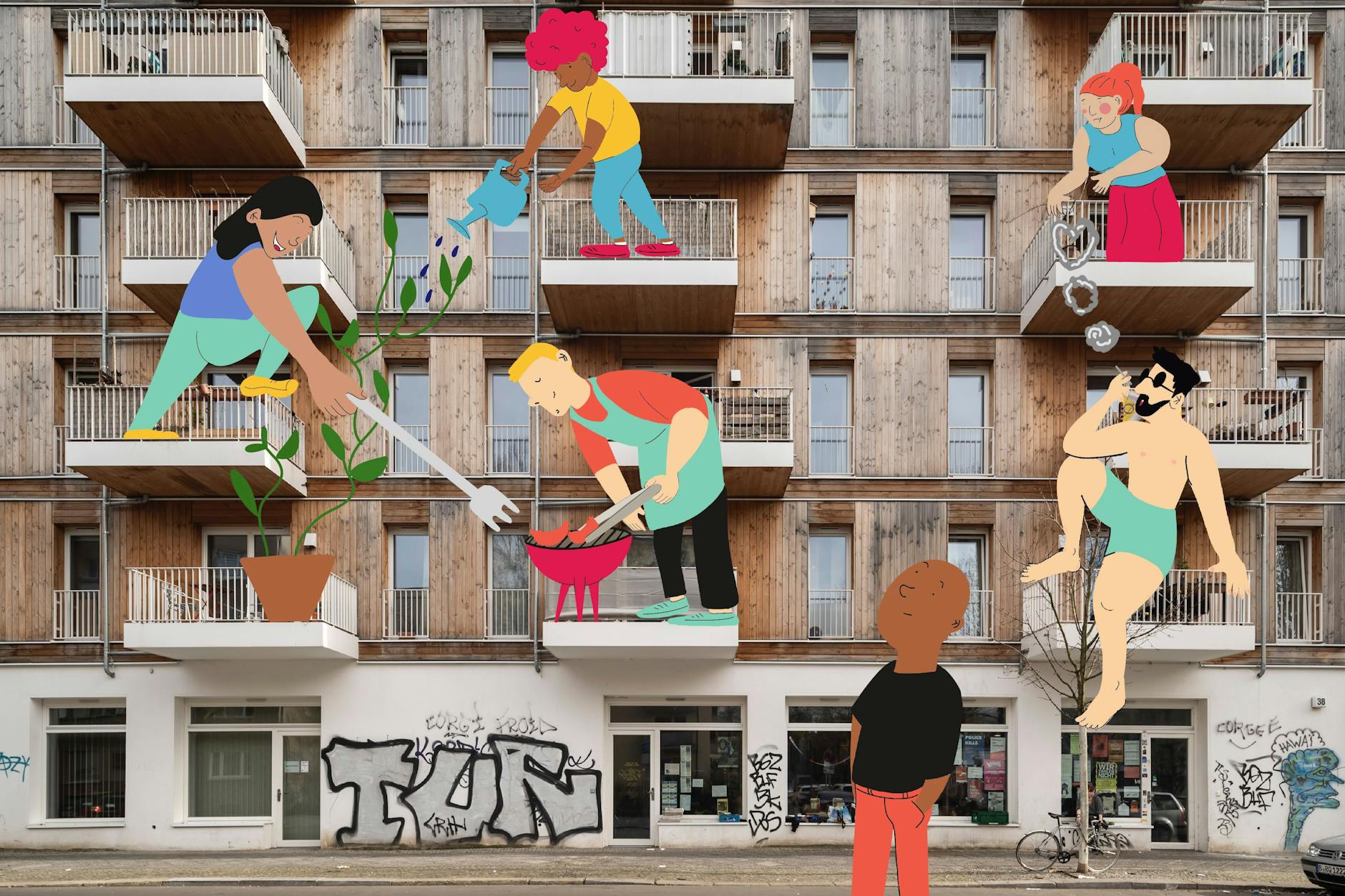 Man grüßt sich nicht nur, man kennt sich: Auch ohne extra lange Grillgabel kommen die Bewohner in einem Clusterhaus miteinander in Kontakt.