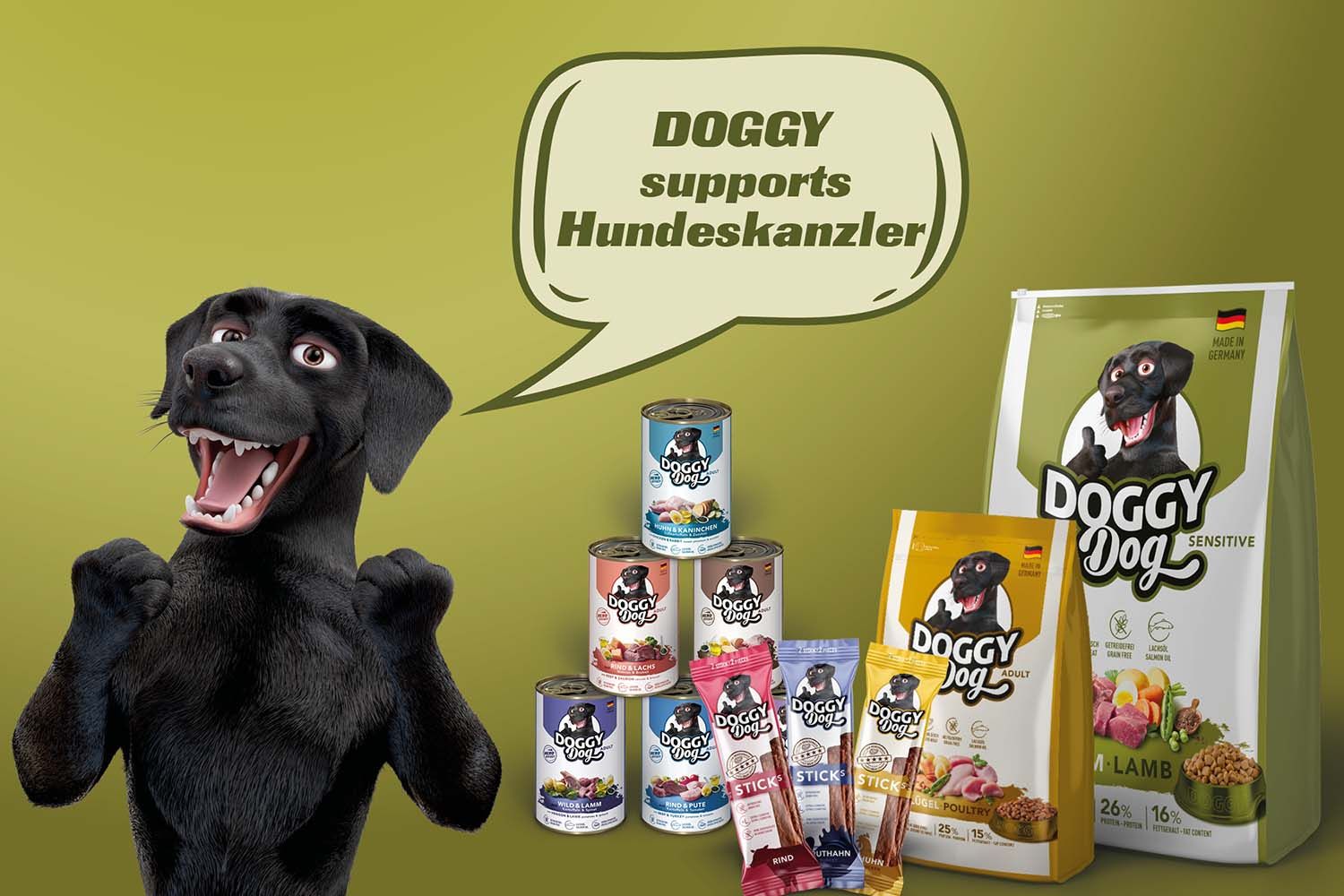 Der neue Star am Hundefutterhimmel! DOGGY Dog supportet den Hundeskanzler.