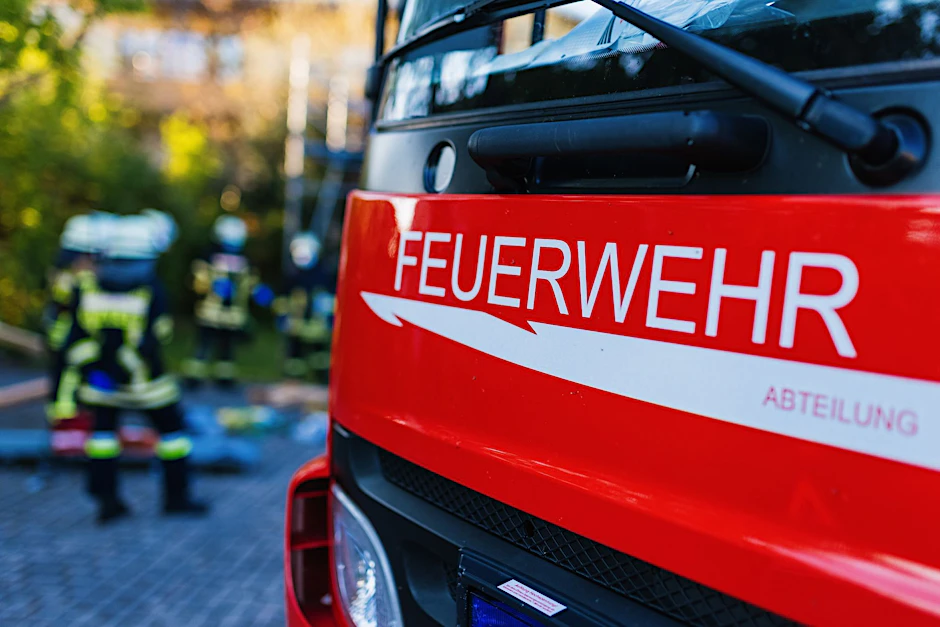 ARCHIV - Feuerwehrleute stehen hinter einem Einsatzfahrzeug.  ild