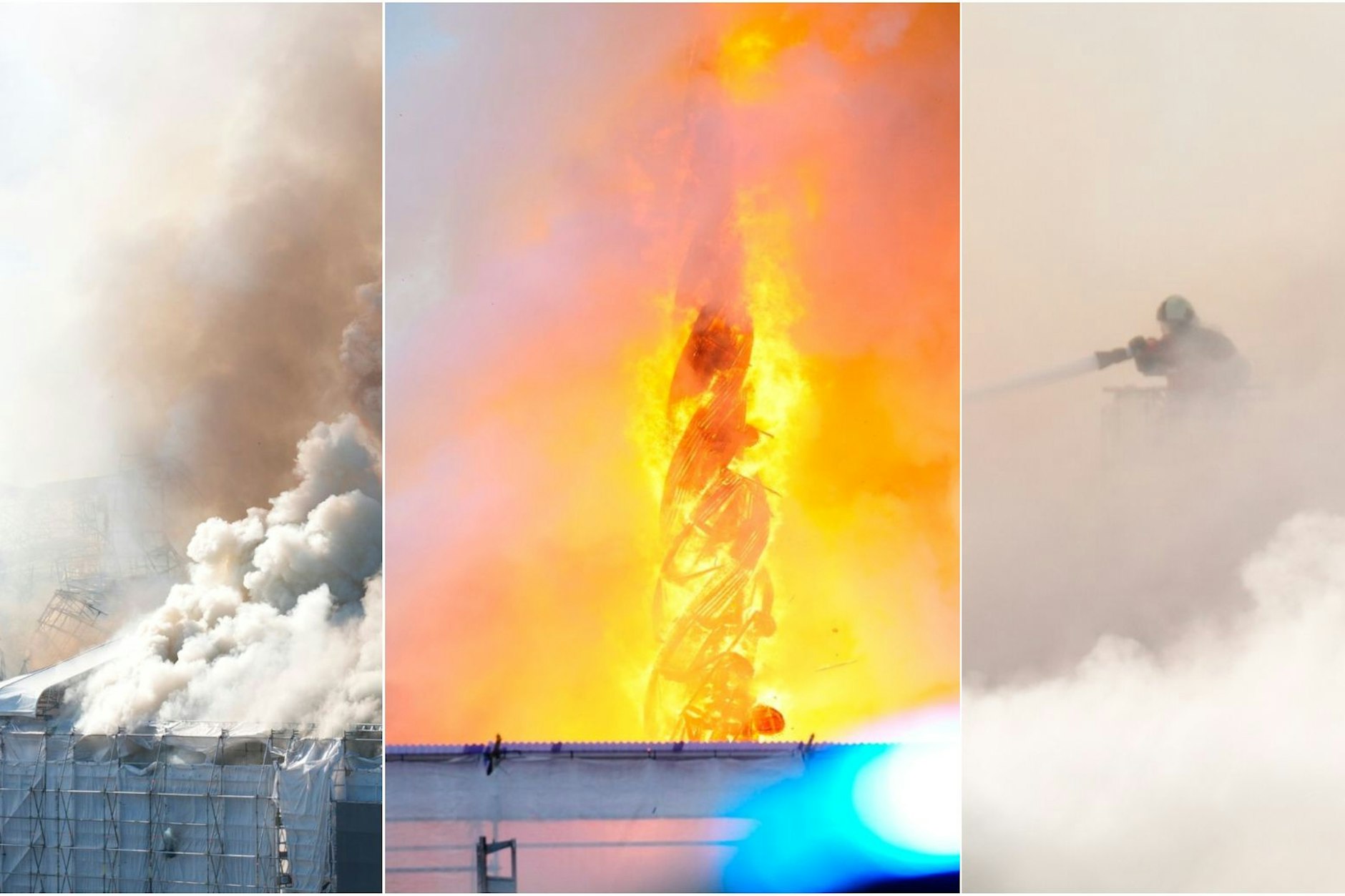In der Börse im Zentrum von Kopenhagen ist ein Feuer ausgebrochen. Rauch steigt aus dem Gebäude auf – und die Spitze des historischen Gebäudes ist inzwischen eingestürzt.
