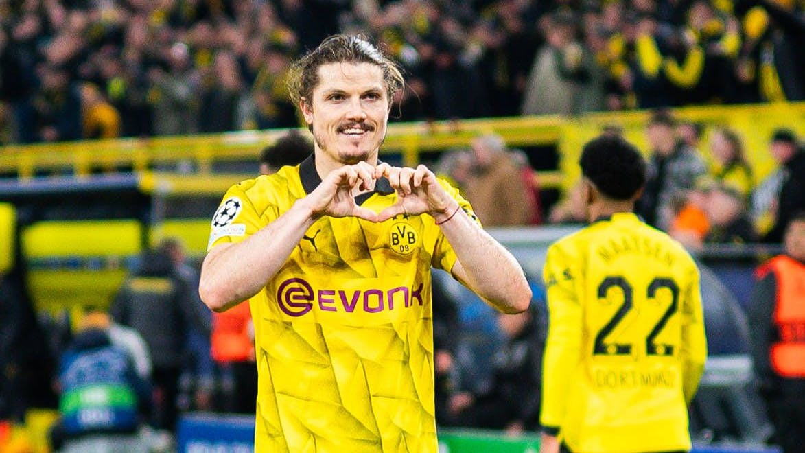 UEFA Champions League, Viertelfinale, Borussia Dortmund - Atletico Madrid: Marcel Sabitzer jubelt nach seinem Tor zum 4:2 in Herzform. 