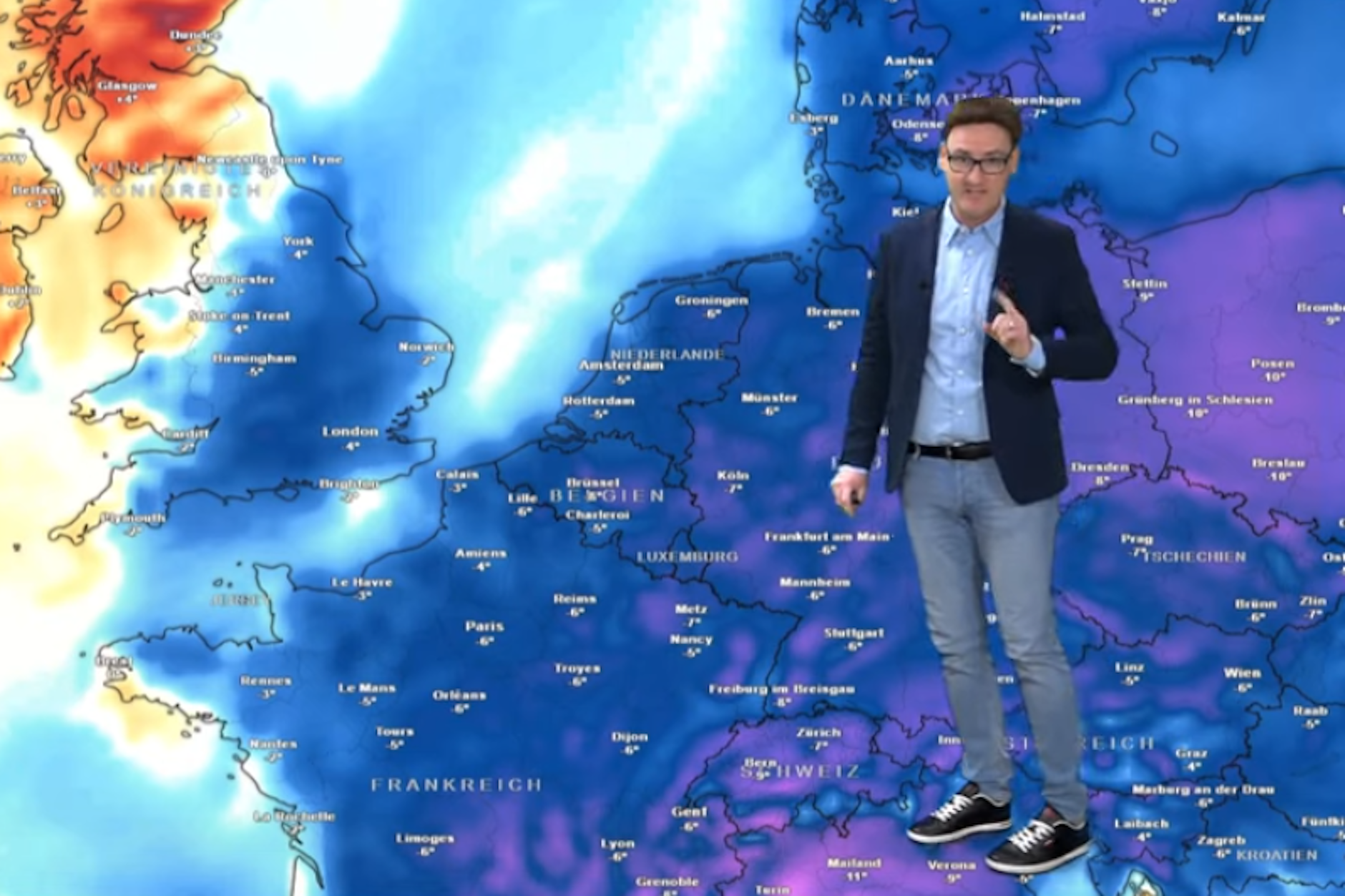 Das Wetter dreht von Schnee auf Sommer – die eisigen Höchsttemperaturen dieser Wetterkarte sind am Ende der Woche Geschichte, weiß Experte Dominik Jung.