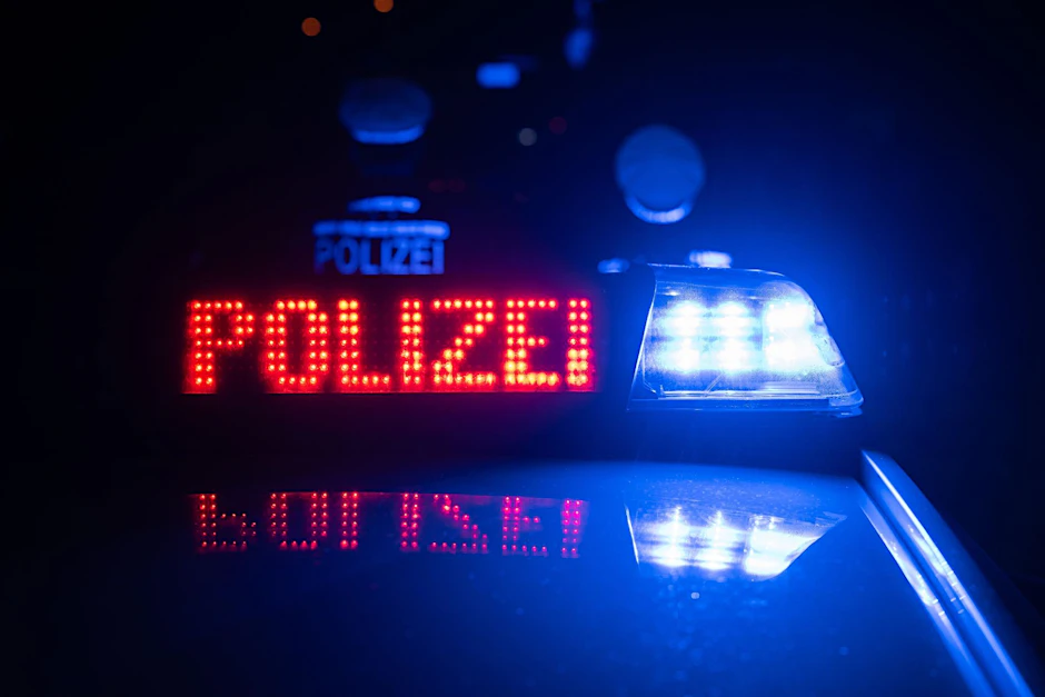 ILLUSTRATION - Zwei Polizisten stehen vor einem Streifenwagen.  