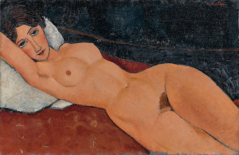 Amedeo Modigliani: „Liegender Frauenakt auf weißem Kissen“, 1917, Öl/Lw.