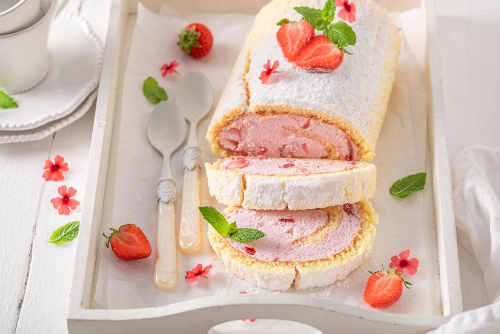 Feines Rezept für fruchtig-cremige Erdbeer-Biskuit-Rolle. Köstlich!