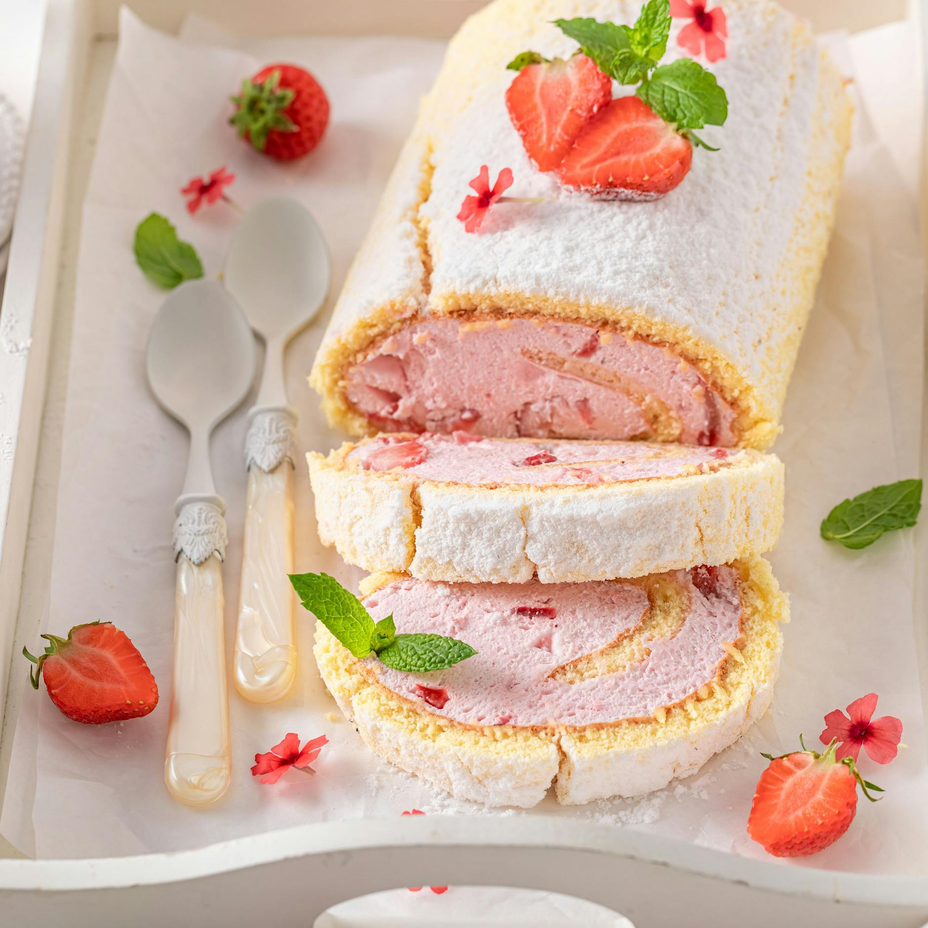 Feines Rezept für fruchtig-cremige Erdbeer-Biskuit-Rolle. Köstlich!