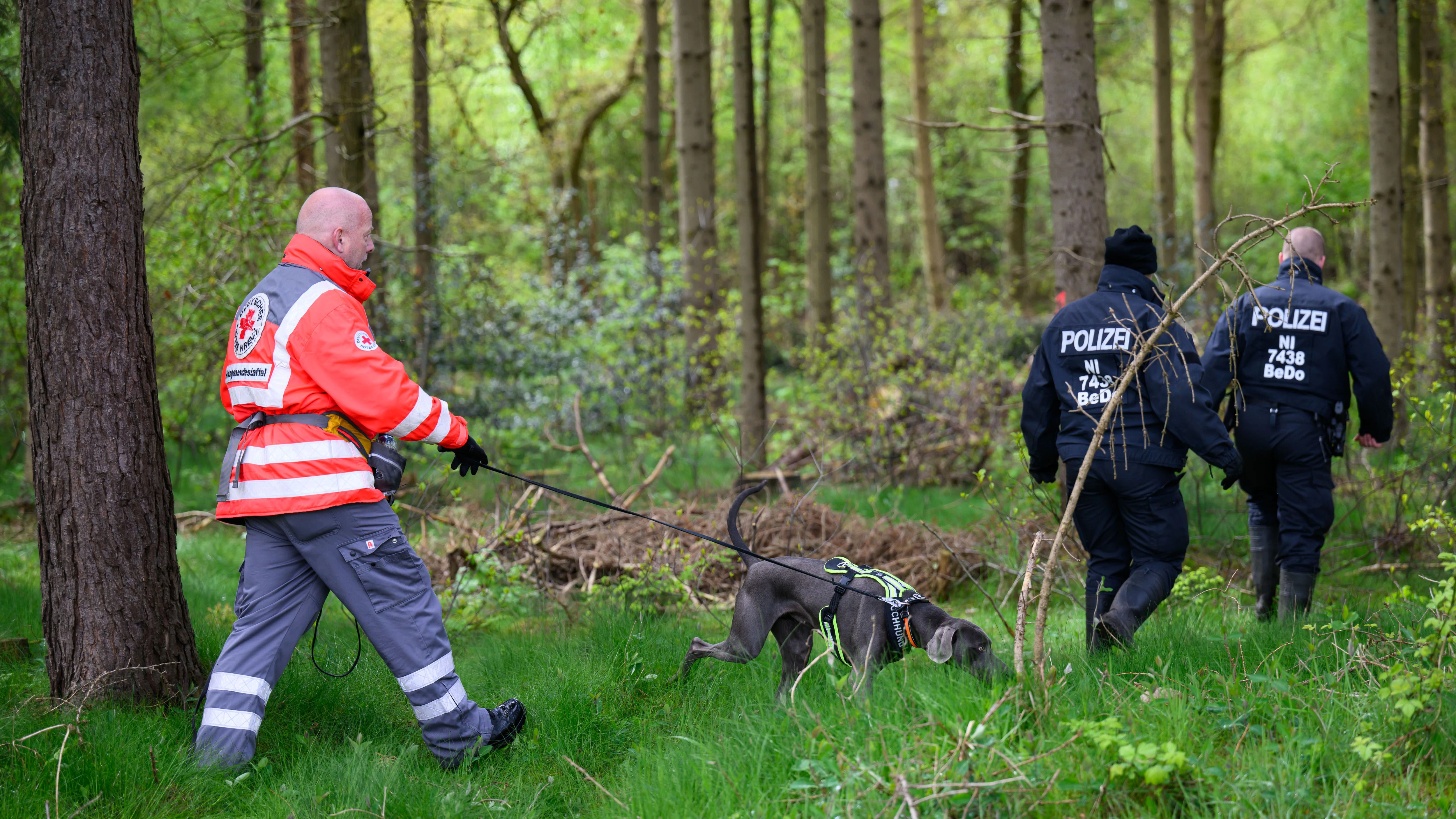 Einsatzkräfte des Deutschen Roten Kreuzes sind mit einem Suchhund in einem Waldstück im Einsatz, sie hoffen, Arian noch lebend zu finden.