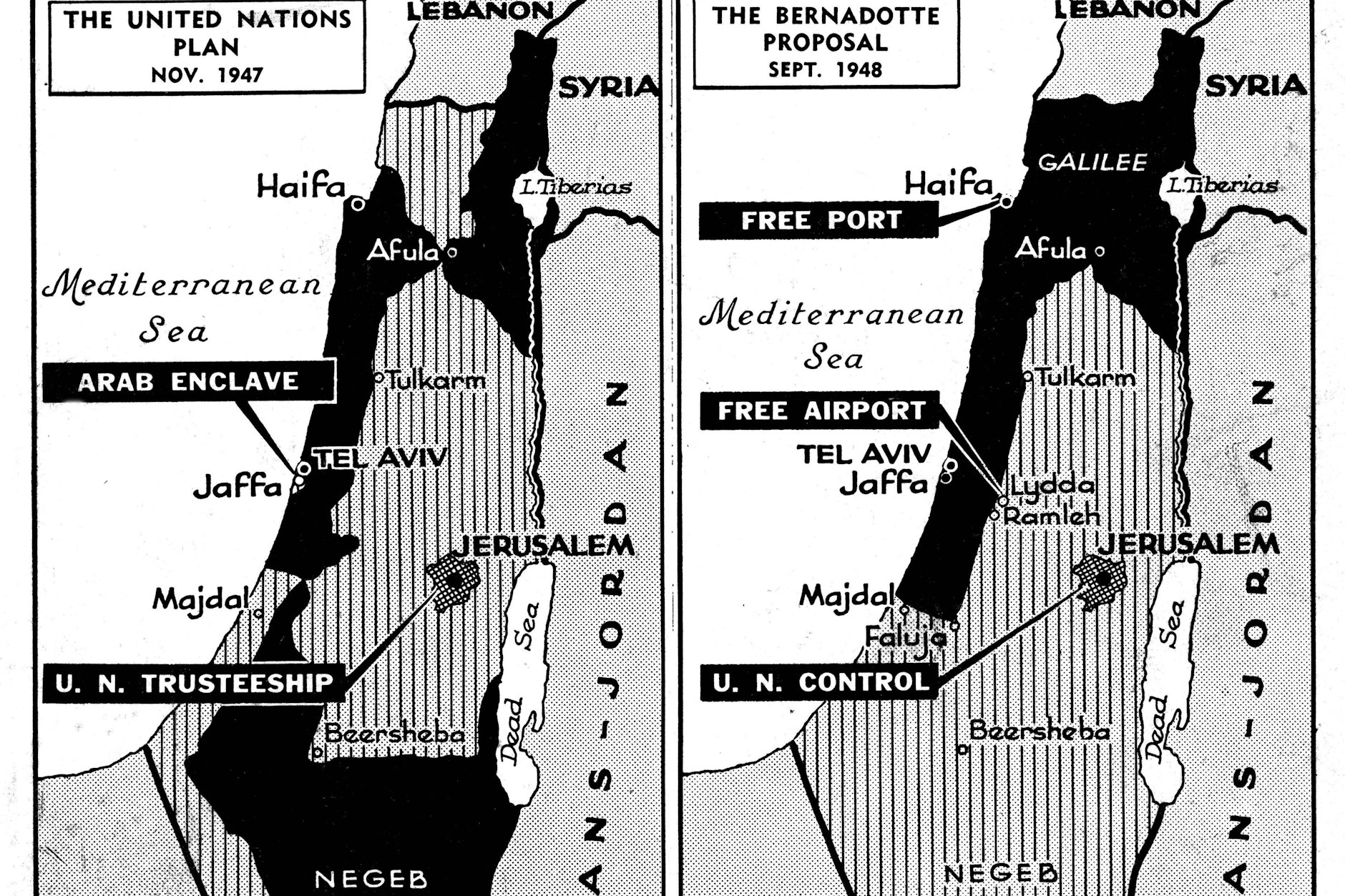 Karten mit den beiden Hauptplänen für die Teilung Palästinas: Plan der Vereinten Nationen vom November 1947 und Bernadotte-Vorschlag vom September 1948.