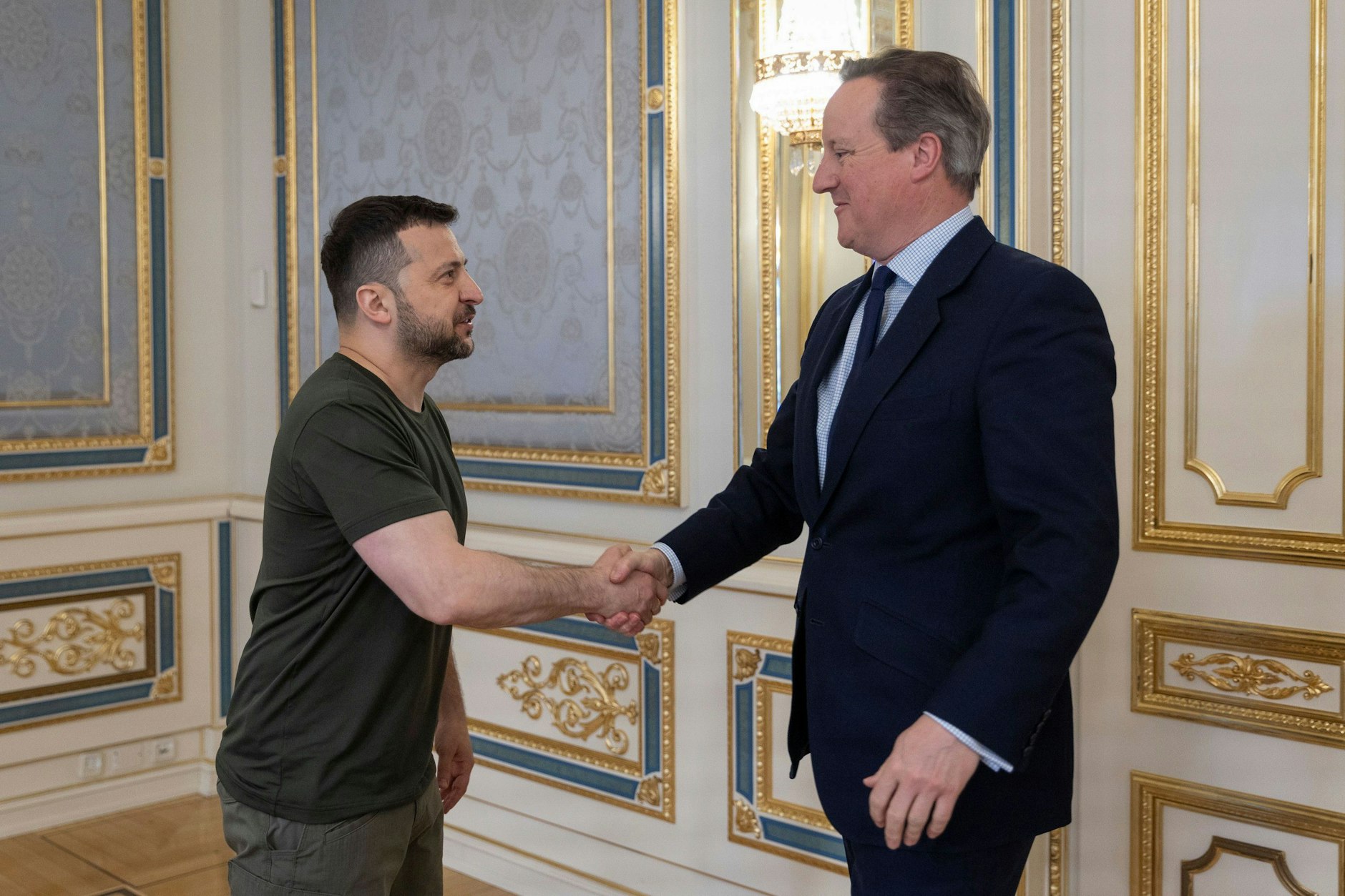 Wolodymyr Selenskyj (l), Präsident der Ukraine, und David Cameron, Außenminister von Großbritannien, während eines Treffens.