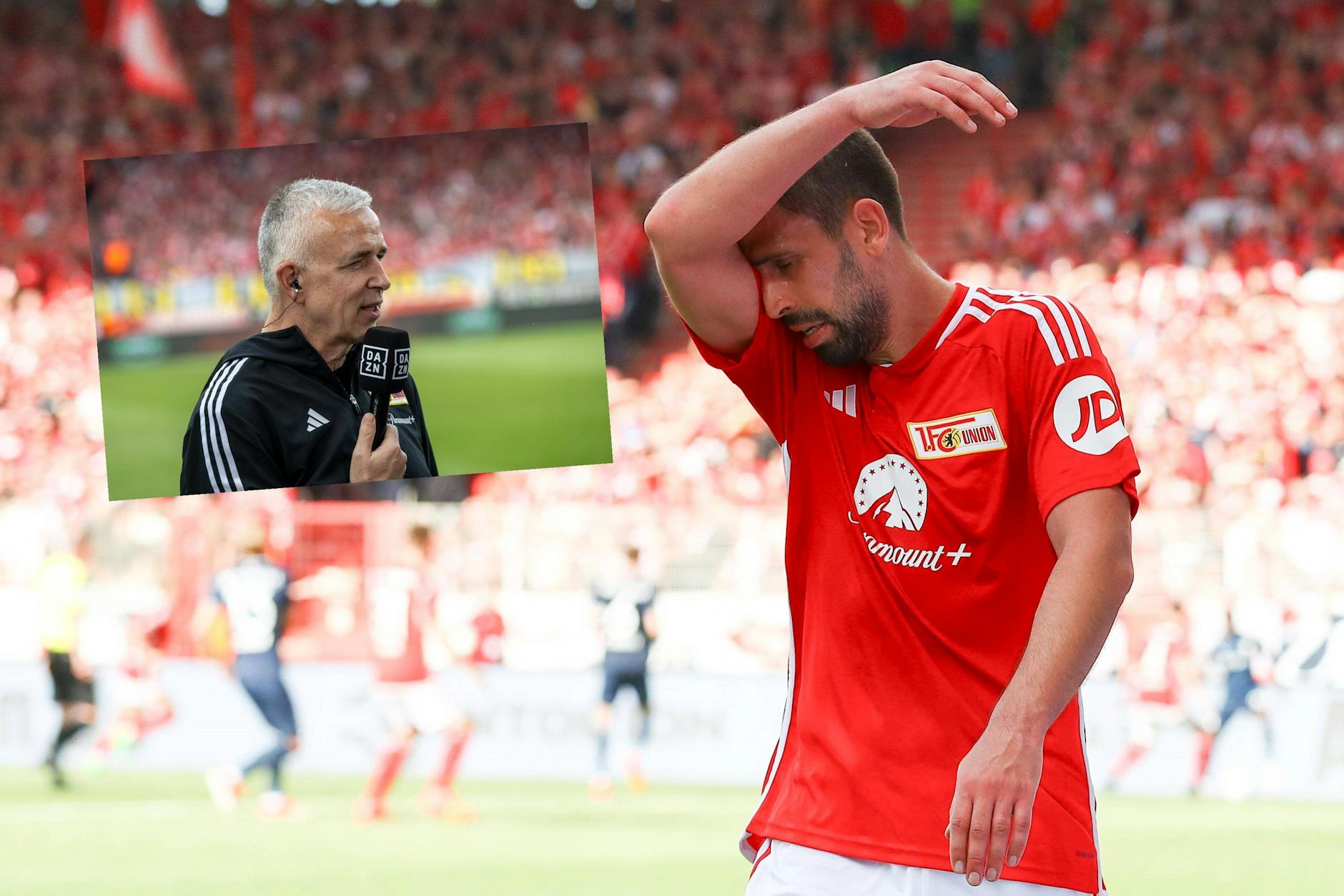 Boss Dirk Zingler (59) und Mittelfeldchef Rani Khedira (30) sind verschiedener Meinung, was die Trainerdiskussion beim 1. FC Union betrifft. 
