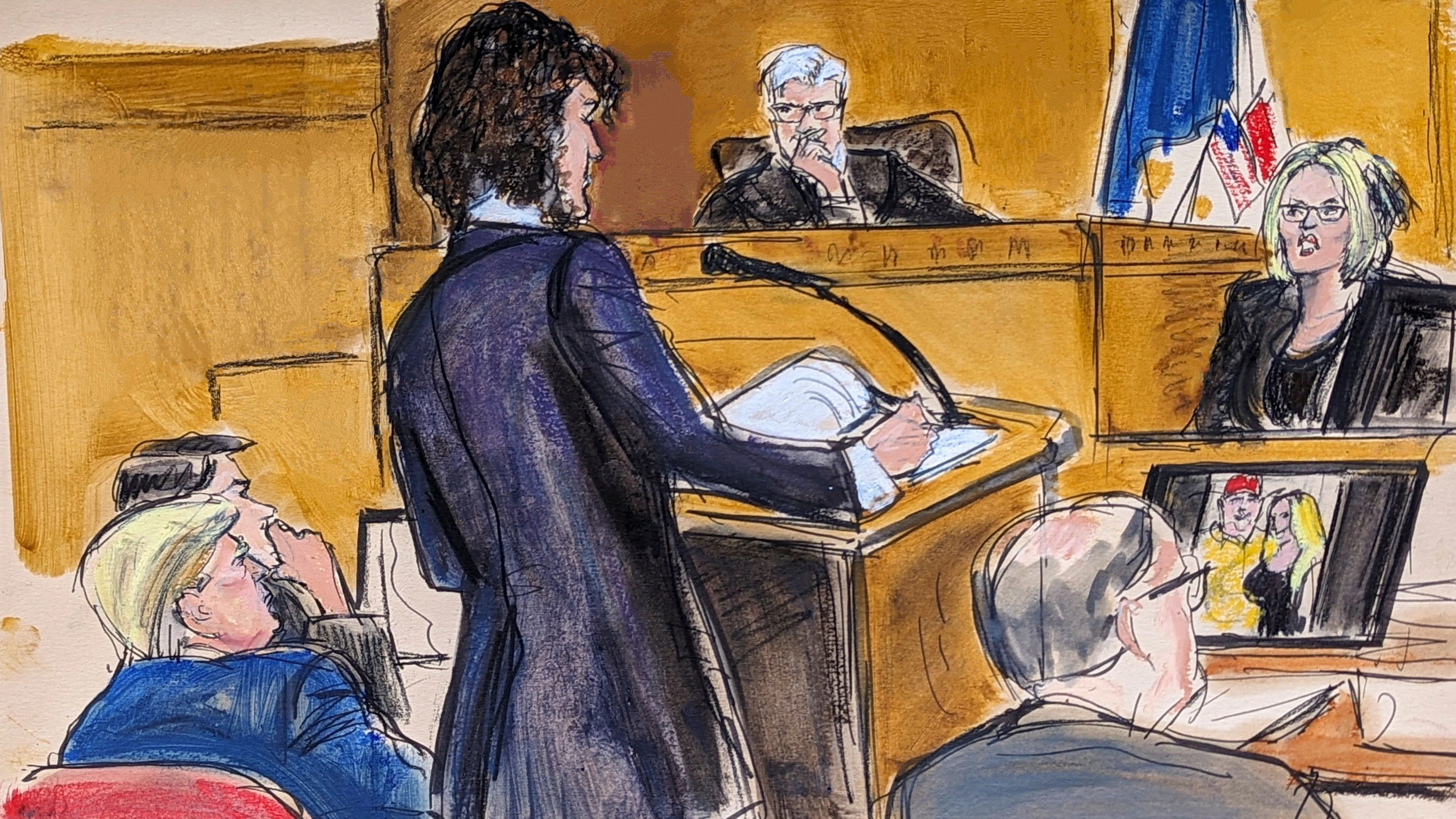 Richter Juan Merchan leitet das Verfahren in New York, während Stormy Daniels (r.) bei der direkten Befragung durch die stellvertretende Staatsanwältin Susan Hoffinger im Strafgericht von Manhattan Fragen beantwortet.&nbsp; Der ehemalige US-Präsident Donald Trump und sein Verteidiger Todd Blanche sehen zu.&nbsp;