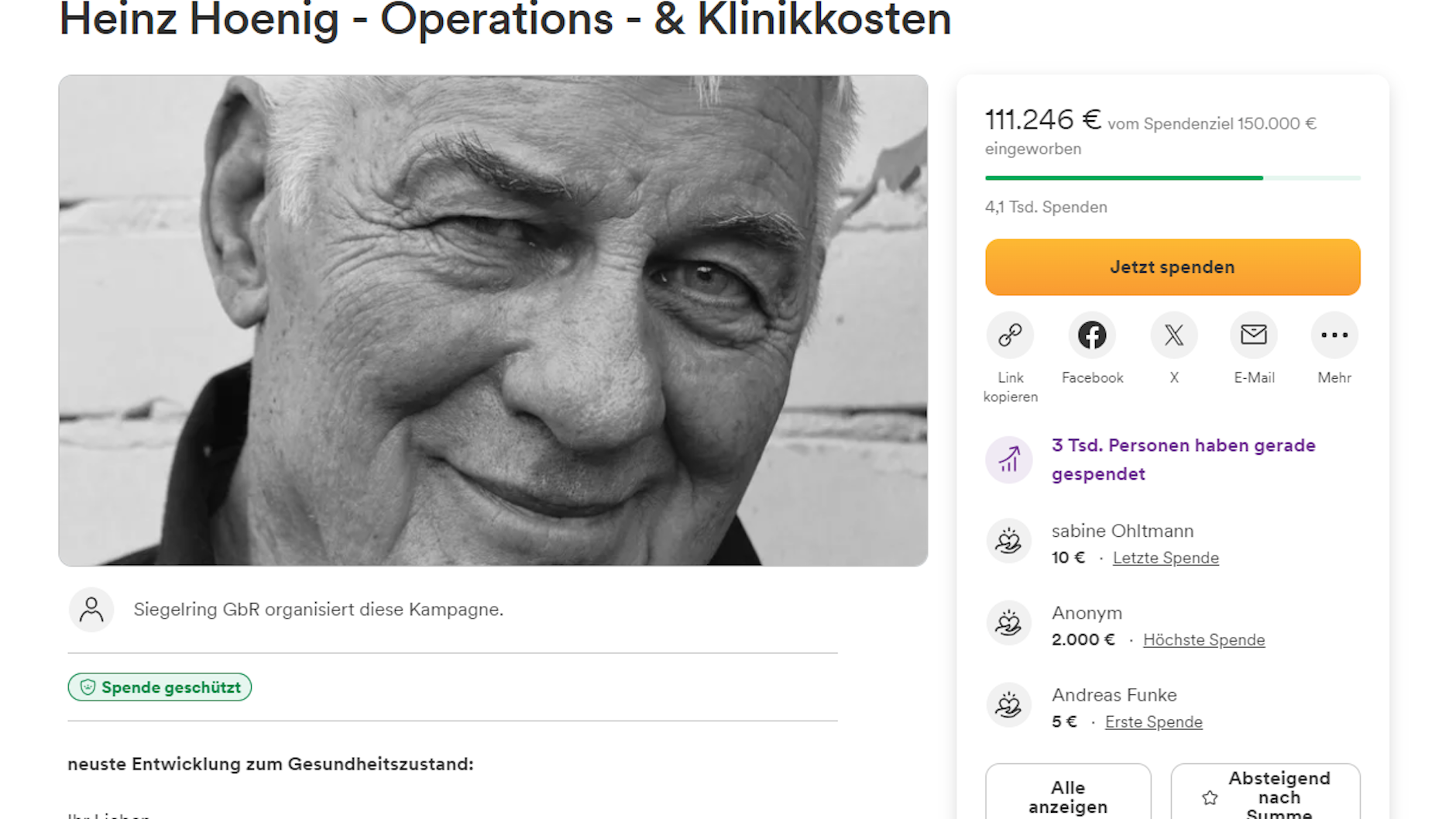 Das Spendenziel für Heinz Hoenigs OP liegt inzwischen bei 150.000 Euro