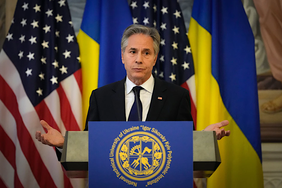 US-Außenminister Antony Blinken spricht vor Studenten und Professoren des Igor Sikorsky Polytechnischen Instituts in Kiew.&nbsp;