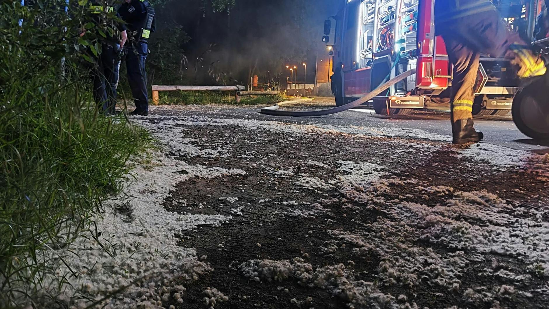 Auf der Straße liegender Pappelschnee nach dem Feuereinsatz in Lichtenberg: Dreimal mehr als sonst müssen die Brandbekämpfer derzeit wegen Vegetationsbränden ausrücken. 
