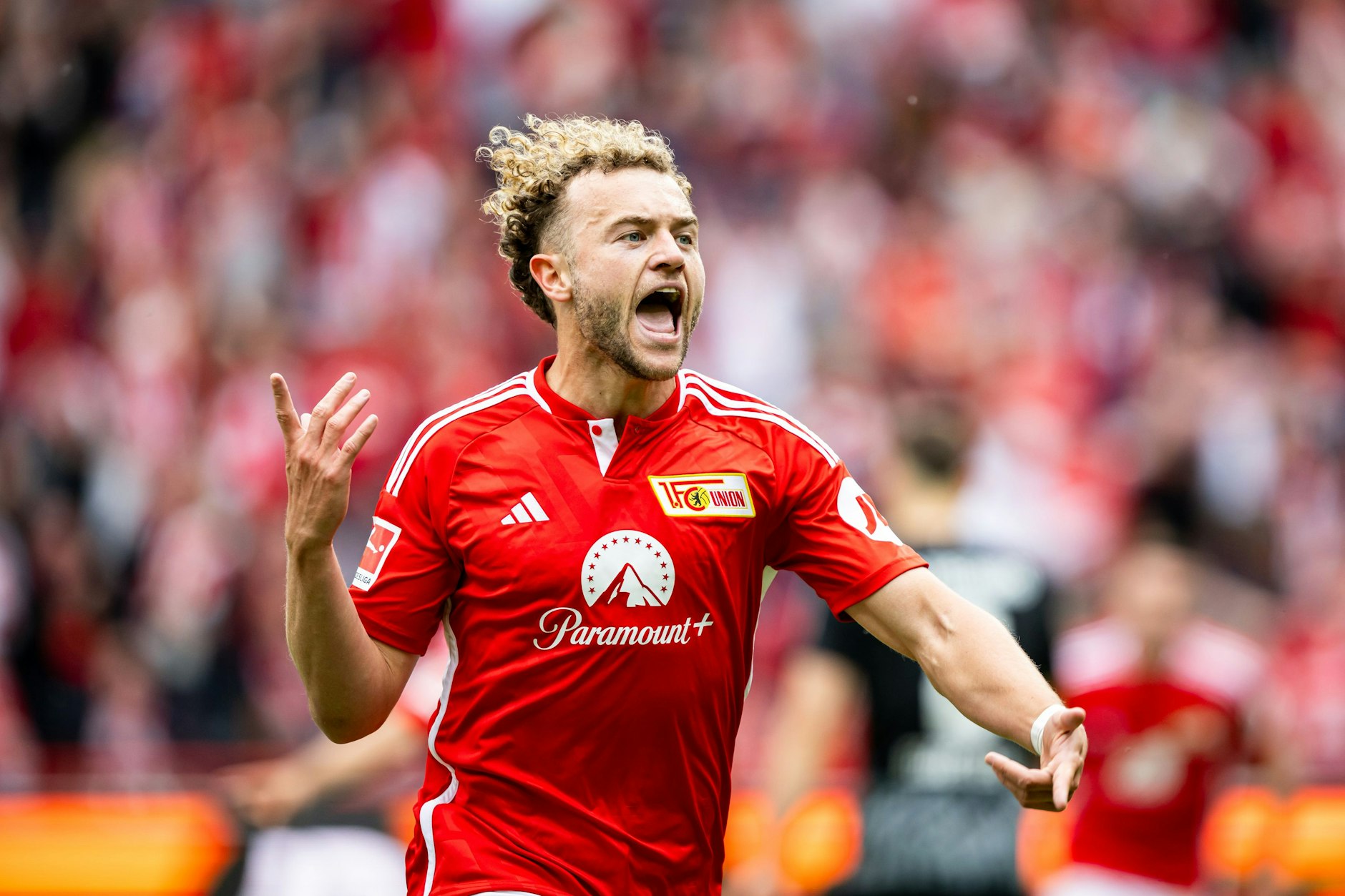 1. FC Union Berlin: Benedict Hollerbach jubelt über sein Tor.