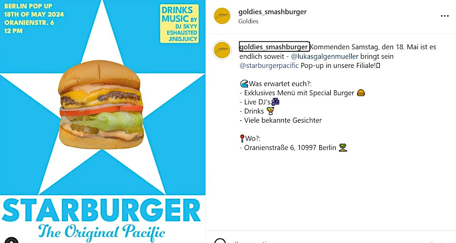 Screenshot von der Goldies Smashburger Instagram-Page