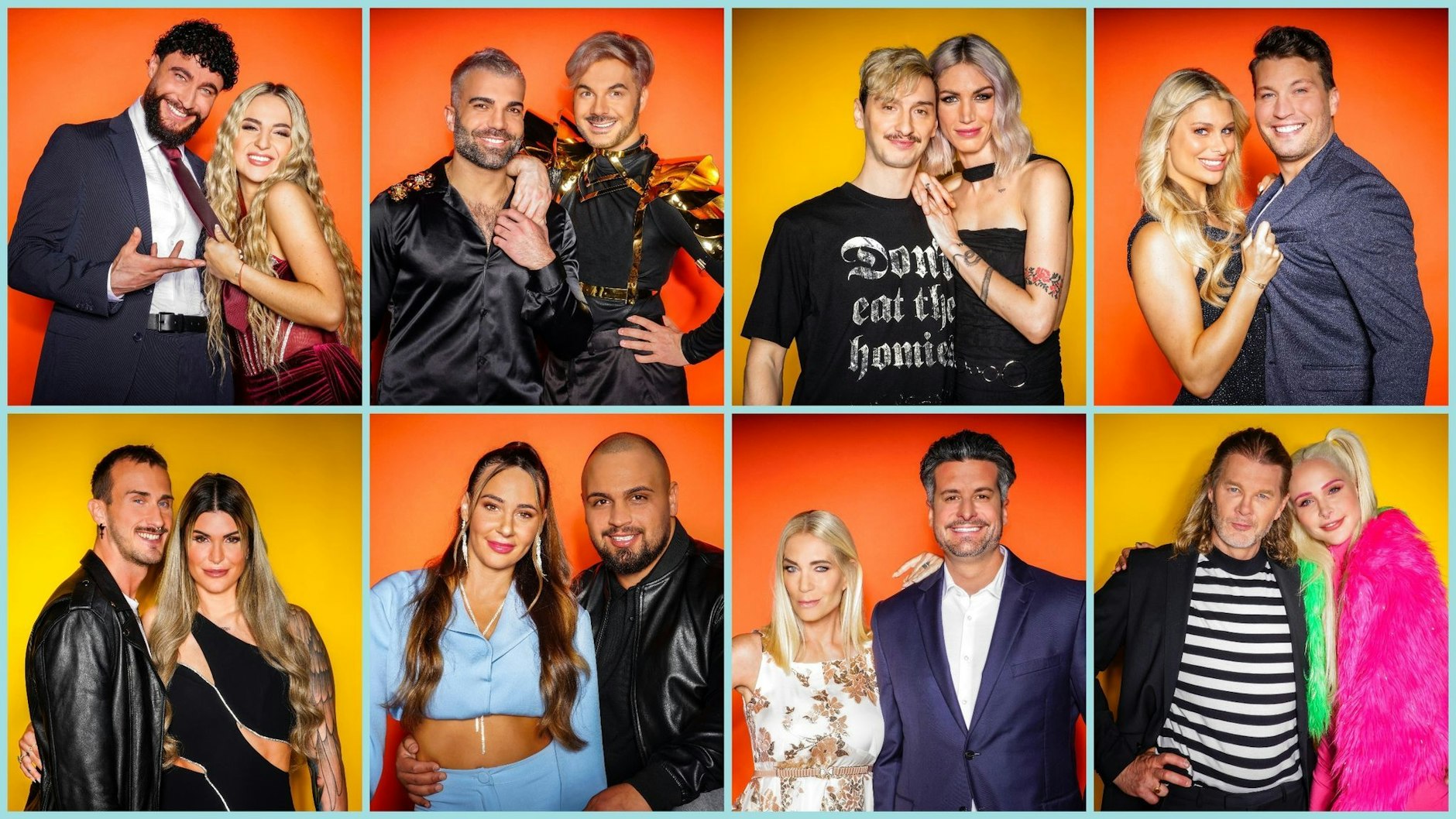 HANDOUT - Diese Paare sind 2024 in der RTL-Show «Das Sommerhaus der Stars - Kampf der Promipaare» dabei: oben v.l. Influencer Umut Tekin und Emma Fernlund, Rafi Rachek und Reality-Icon Sam Dylan, Model und Influencerin Tessa Bergmeier und Freund Jakob, Vanessa Schmitt und Raúl Richter - unten v.l. Reality-Personality Gloria Glumac und Freund Michael, TV-Sternchen Alessia Herren und Partner Can, Designerin Sarah Kern und Tobias Pankow, Model Theresia Fischer und Stefan Kleiser.  