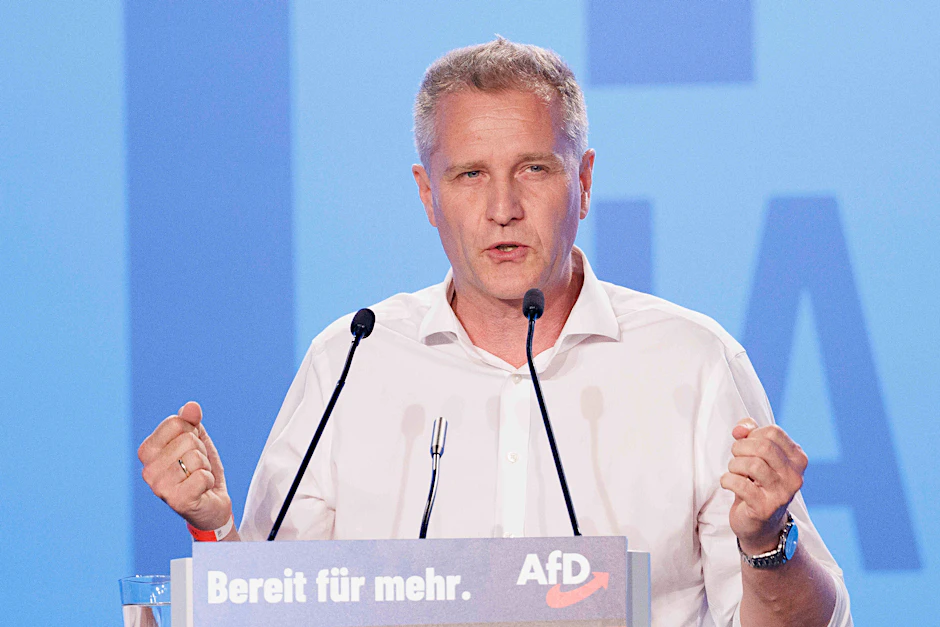 Der Bundestagsabgeordnete Petr Bystron (AfD) spricht bei der Europawahlversammlung der Partei in der Messe Magdeburg.