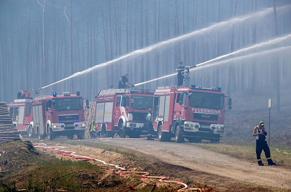 ARCHIV - Feuerwehrleute löschen einen großflächigen Waldbrand.  