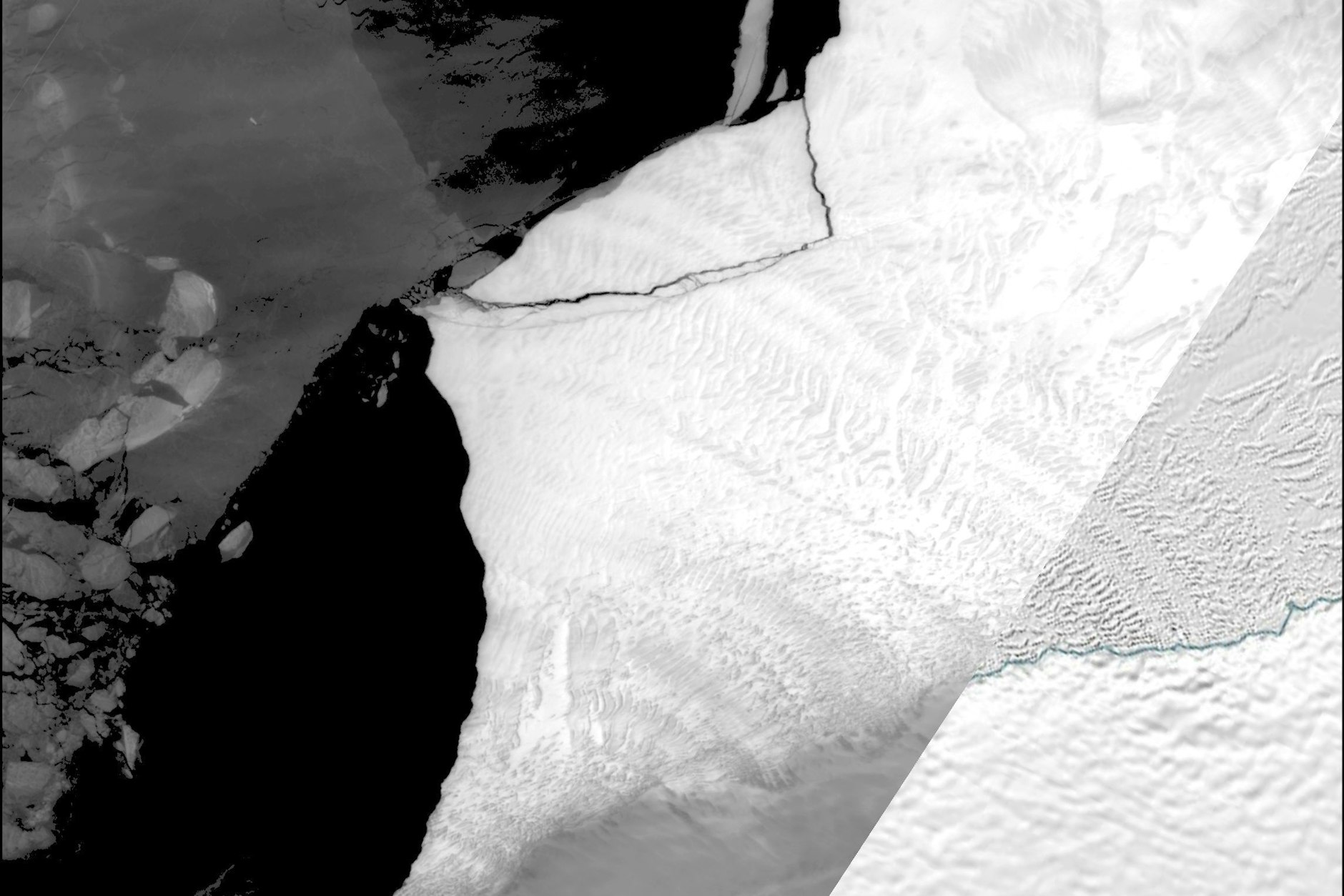 Eine am 22.05.2024 von der britischen Forschungsstation British Antarctic Survey veröffentlichte Satellitenaufnahme zeigt, wie ein Eisberg vom Brunt-Schelfeis der Antarktis abbricht. Es sei bereits der dritte Abbruch in den vergangenen vier Jahren in diesem Gebiet.