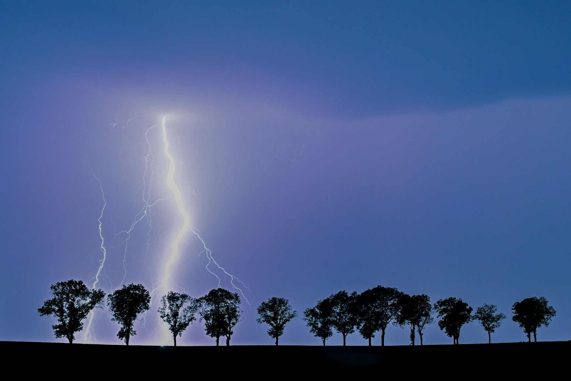 Blitze schlagen meistens am höchsten Punkt ein, zum Beispiel in Bäume. Davon sollte man sich also fernhalten.