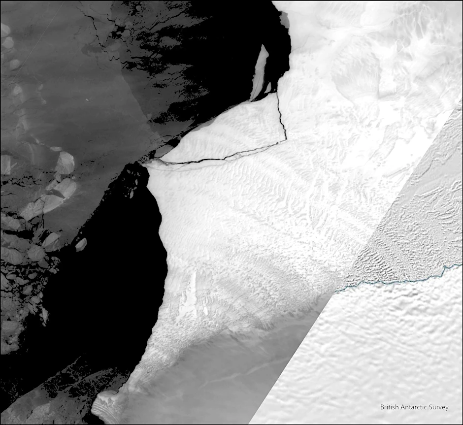 HANDOUT - Eine von der britischen Forschungsstation British Antarctic Survey veröffentlichte Satellitenaufnahme zeigt, wie ein Eisberg vom Brunt-Eisschelf der Antarktis abbricht.  