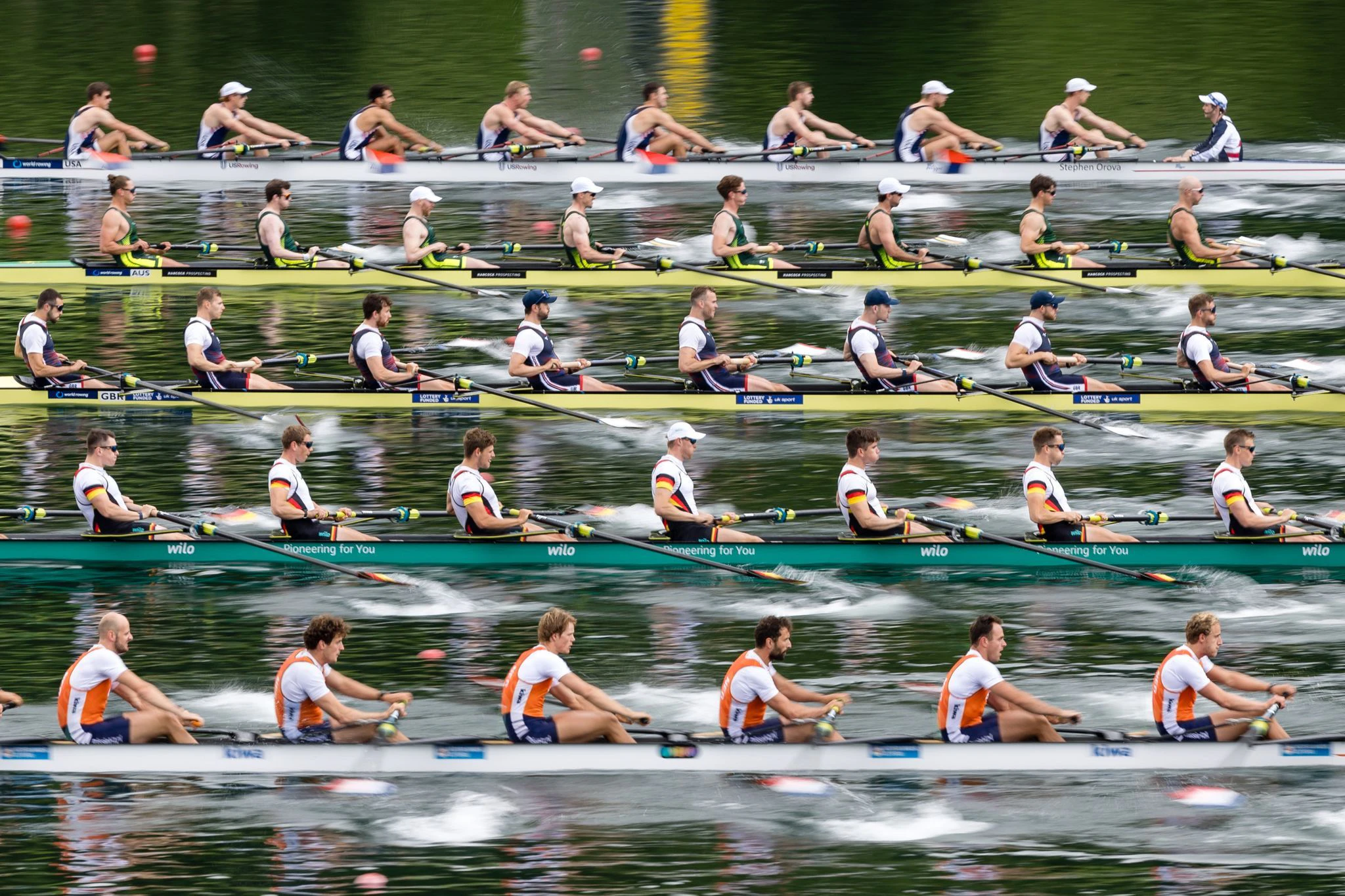 dpatopbilder - Volle Kraft voraus: Die Teams der USA, Australiens, Grossbritanniens, Deutschlands und der Niederlande legen sich am ersten Tag des Ruder-Weltcups 2024 auf dem Luzerner Rotsee tüchtig ins Zeug.  