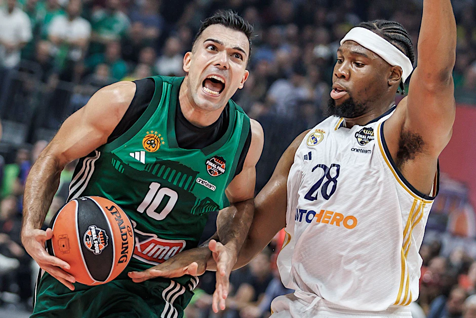 Kostas Sloukas (l.) konnte sich mit Panathinaikos Athen gegen Real Madrid und Guerschon Yabusele im Finale der Euroleague durchsetzen.