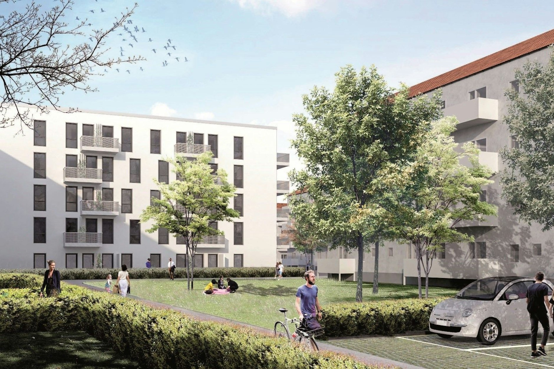 So sehen die neuen Häuser aus, die im Kietzer Feld in Köpenick entstanden sind. Wie es sich dort wohnen soll, zeigt dieses Computer-Bild.