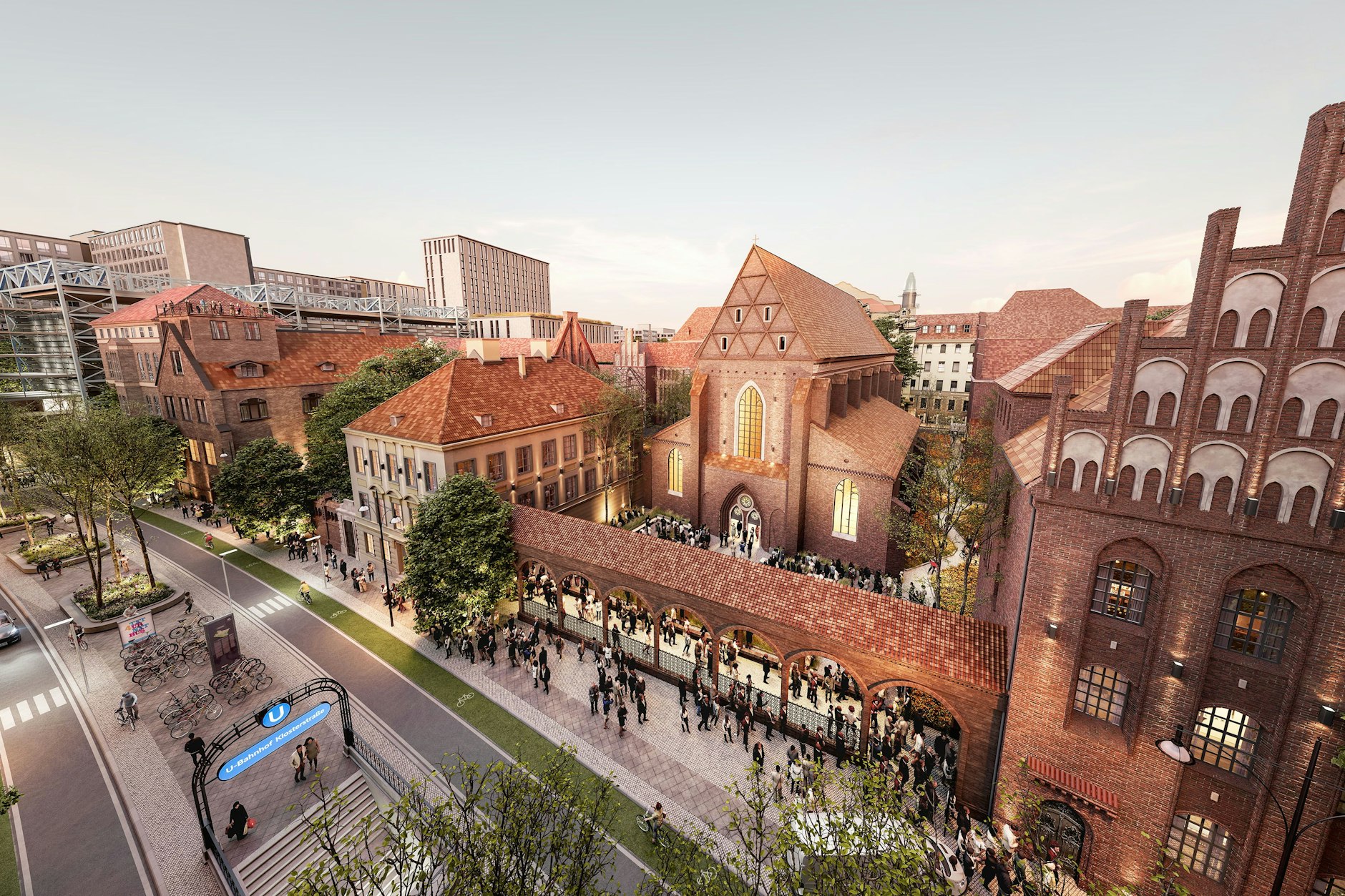 Berlinisches Gymnasium zum Grauen Kloster entlang der Klosterstraße – die Animation zeigt, wie es bis zum Krieg aussah. In der Mitte die Franziskaner-Klosterkirche (heute Ruine). Rechts daneben das Lehrerwohnhaus, links daneben das Direktorenhaus.