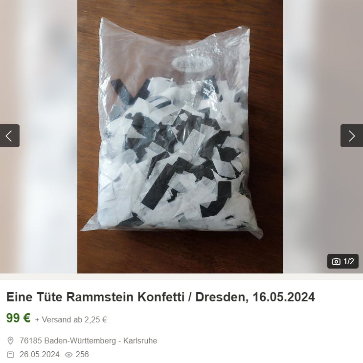 Mehr drin, aber teurer: Ein Beutel Konfetti vom Konzert von Rammstein kostet gleich 99 Euro.