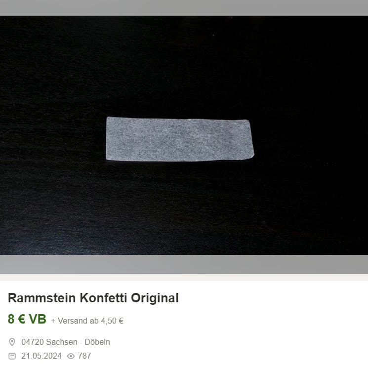 Ein Nutzer bietet auf Ebay ein Konfetti-Schnipselchen von Rammstein für 8 Euro an.