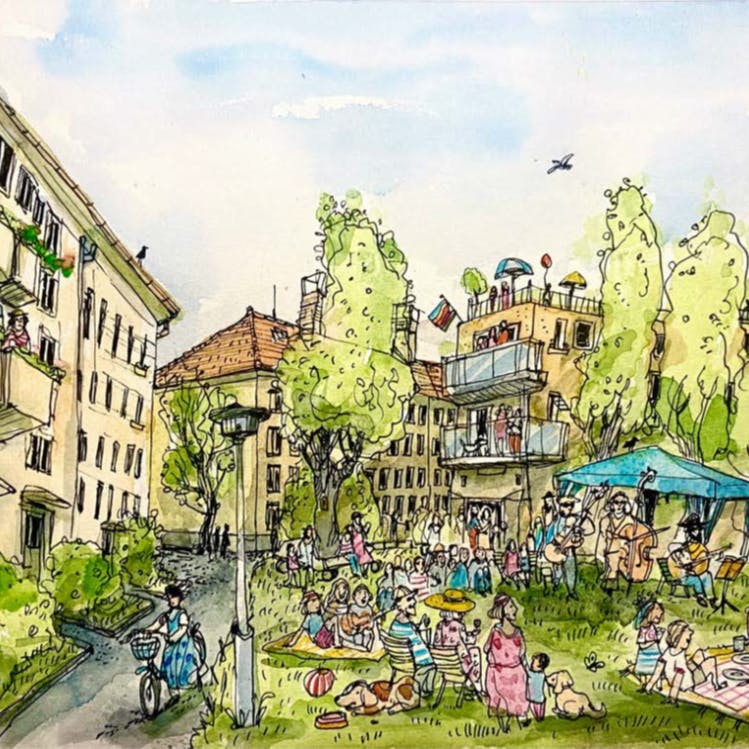 So könnte eine verträgliche Bebauung gemäß B-Plan im Grünen Kiez Pankow aussehen.