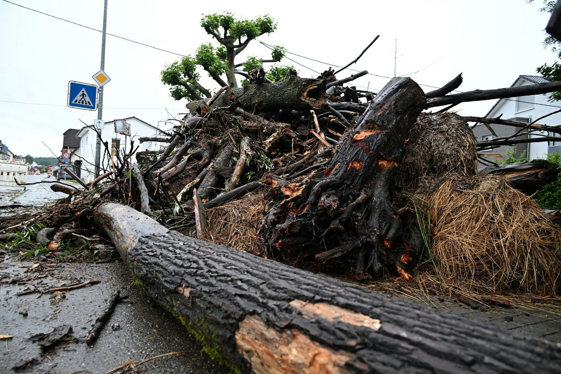 Spuren des Unwetters: Bruchholz liegt neben einer Brücke in Meckenbeuren-Brochenzell. Der Fluß Schussen hatte Teile von überschwemmt.  