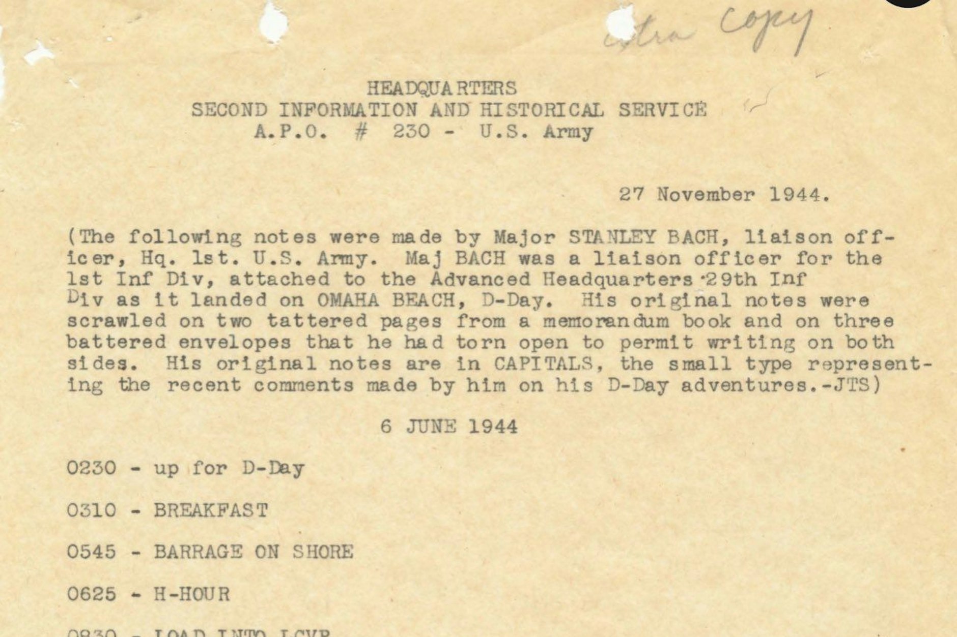 Die Notizen von Major Stanley Bach wurden vom Historischen Dienst der US-Armee festgehalten.