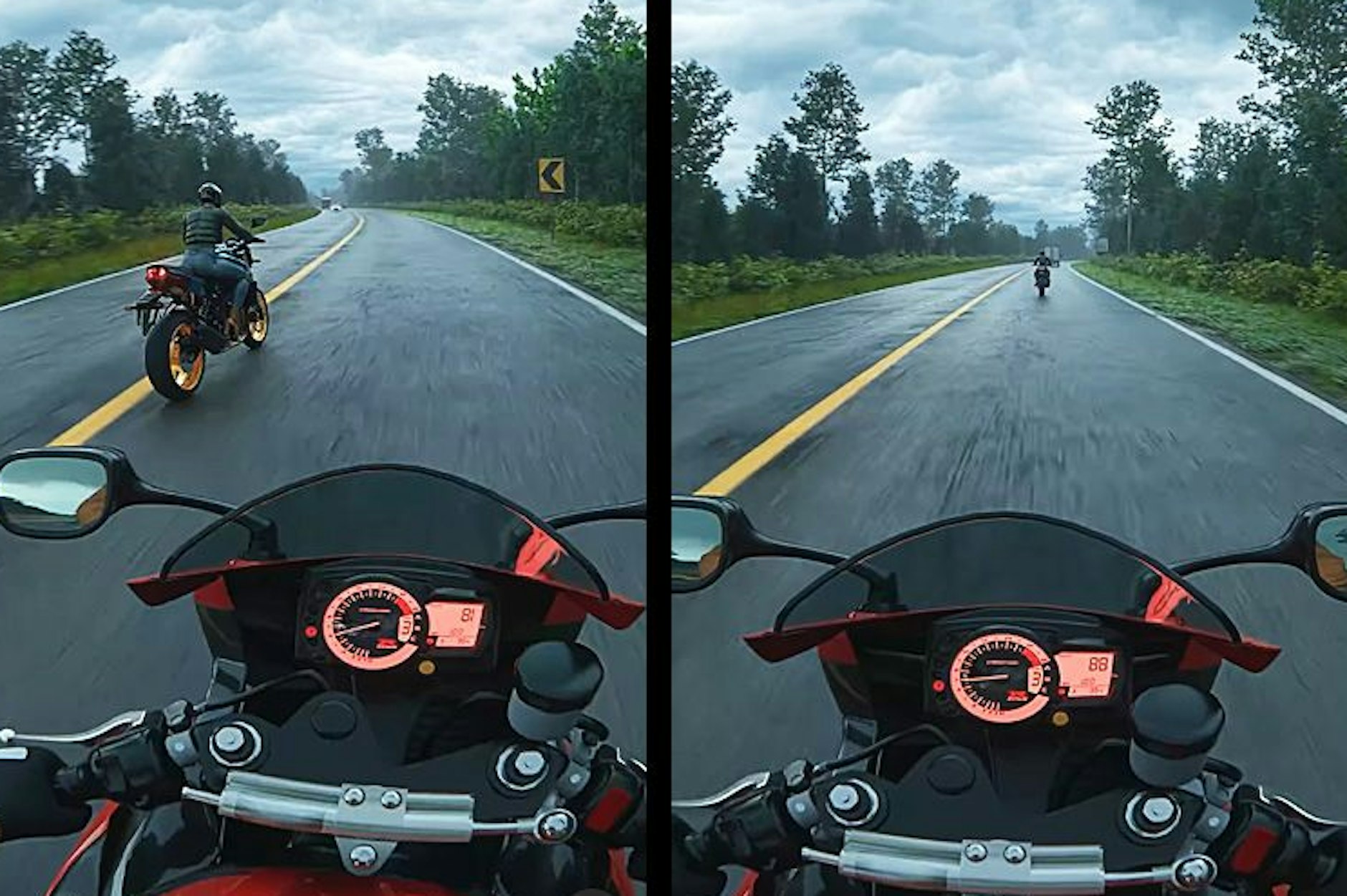 Der Motorradfahrer im Video wird von einem anderen überholt, nimmt dann die Verfolgung auf. Dann nimmt der Horror seinen Lauf.