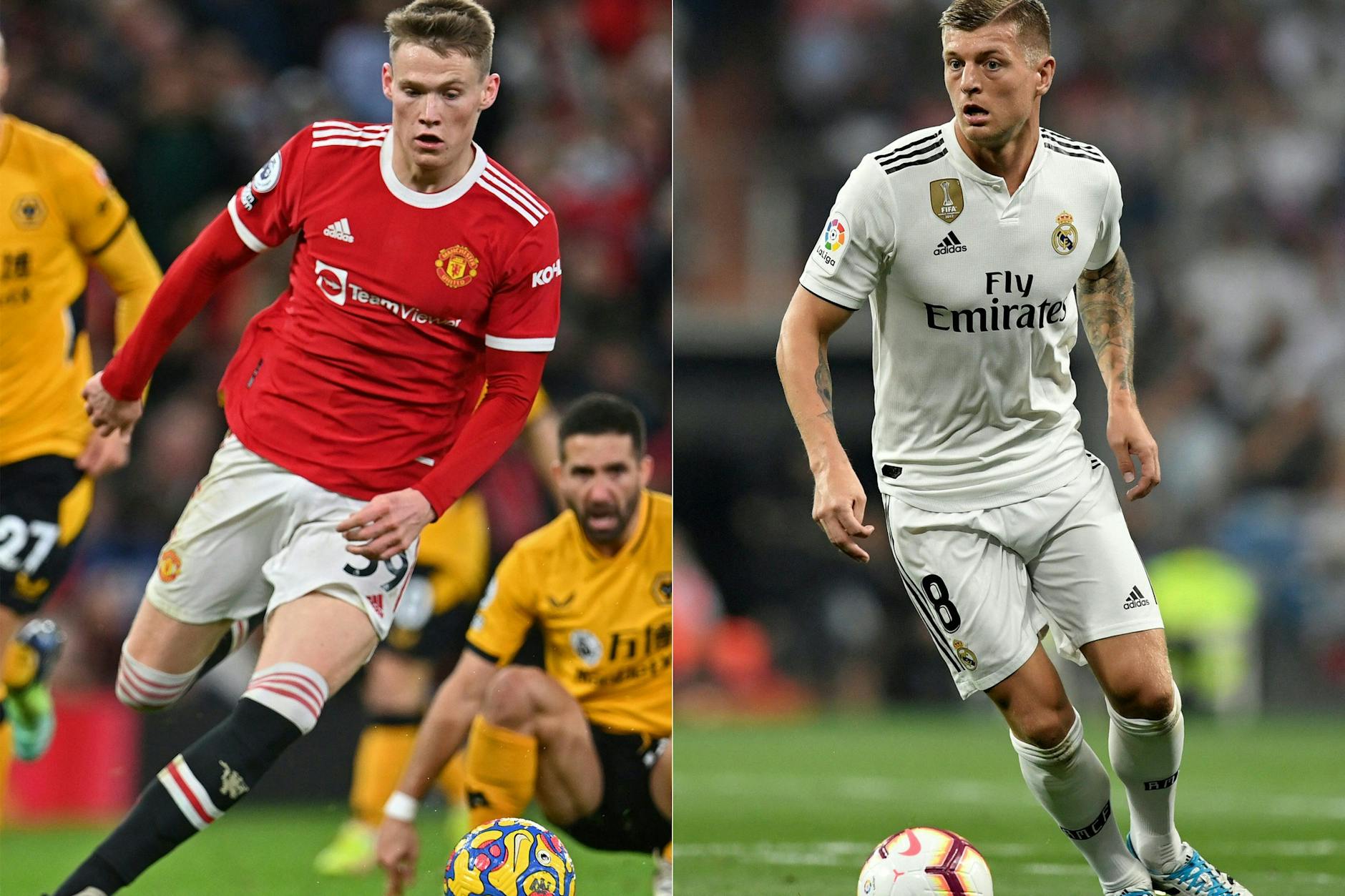 Toni Kroos (r.) wird heute im Mittelfeld auf Manchester-United-Star Scott McTominay treffen.