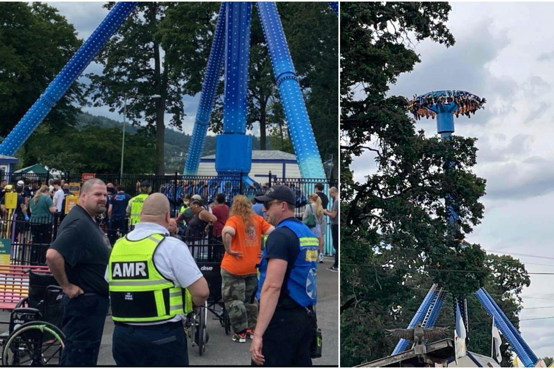 Auf diesem Foto, das von Oregon Amusement Ride-Rescue zur Verfügung gestellt und auf ihrem X-Account gepostet wurde, treffen Rettungskräfte am Freitag, dem 14. Juni 2024, im Oaks Park ein, wo eine Fahrattraktion kaputtgegangen ist und Dutzende Gäste kopfüber in der Luft hingen.