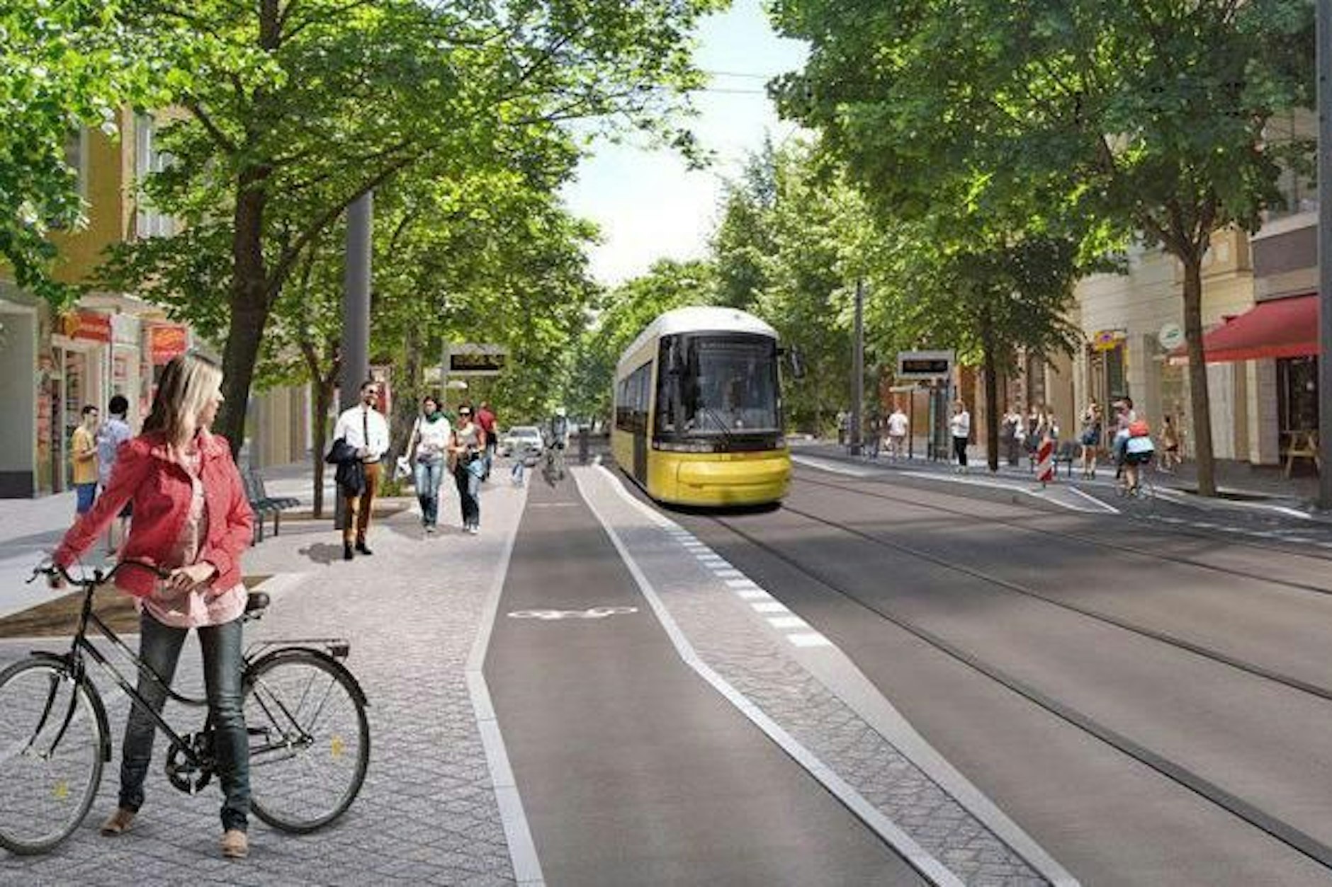 Mit der Straßenbahn durchs Wohngebiet: So soll die Sonntagstraße in Friedrichshain künftig aussehen. Zwei Straßenbahnlinien sollen dort zum Ostkreuz verlaufen.