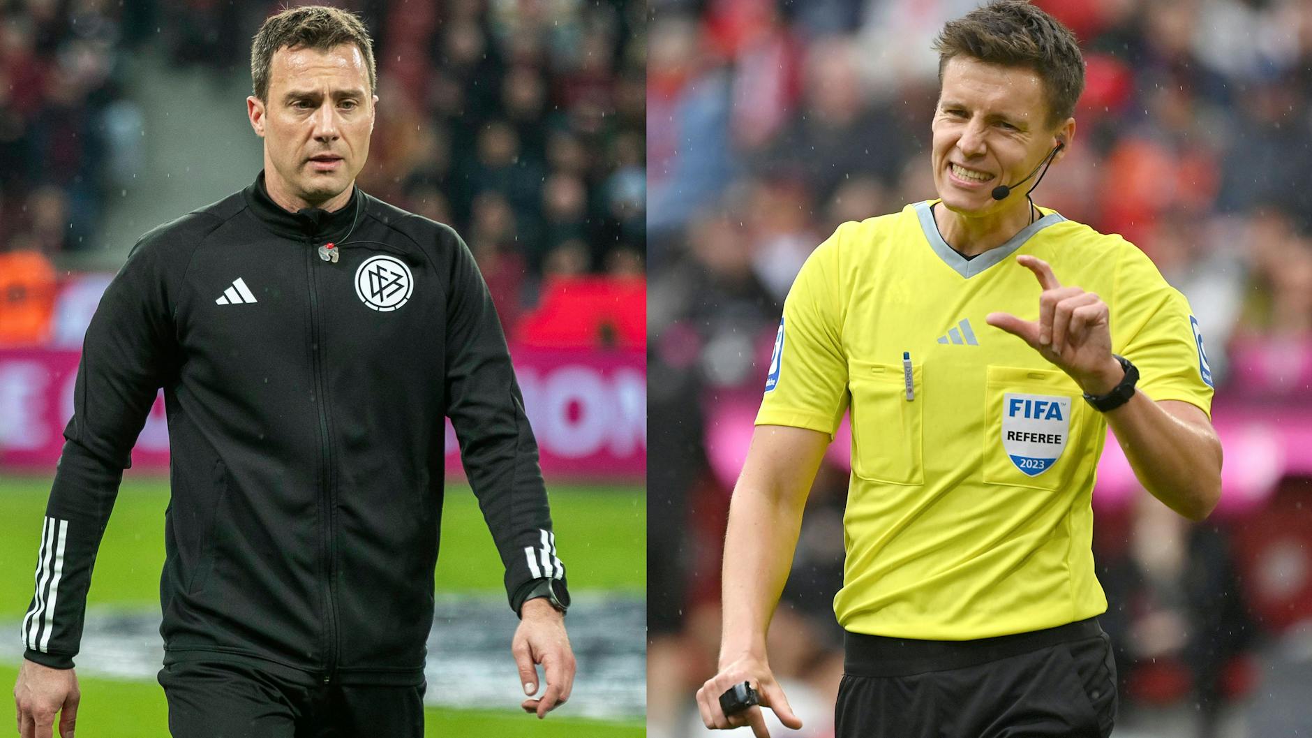 Ungewollt im Fokus: Deutschlands EM-Schiedsrichter Felix Zwayer (l.) und Daniel Siebert leiten die Problem-Partie zwischen Rumänien und der Slowakei.