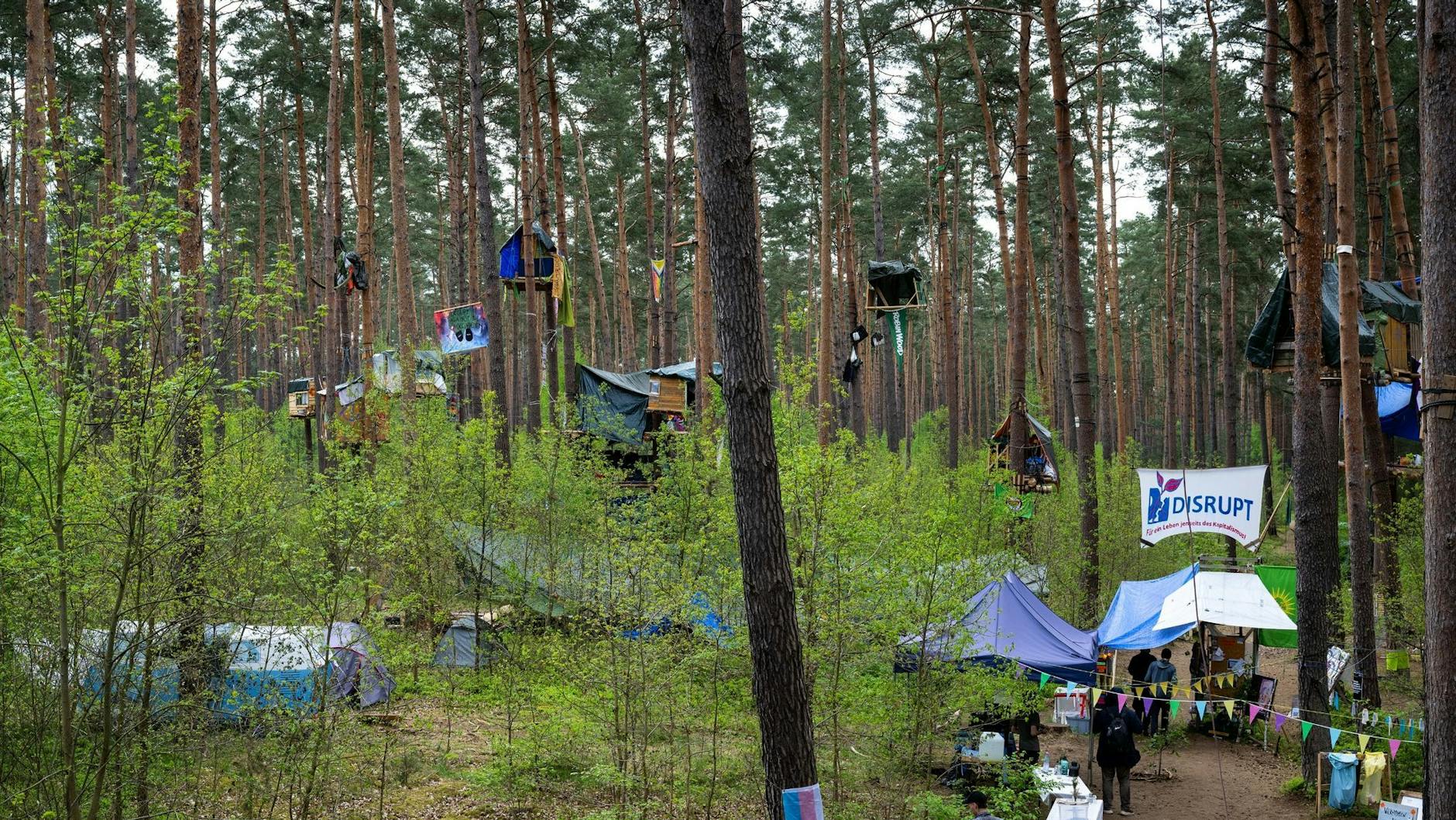 Aktivisten der Initiative «Tesla stoppen» haben in einem Wald bei Fangschleuse nahe dem Werk der Tesla-Gigafactory Berlin-Brandenburg Baumhäuser gebaut. 