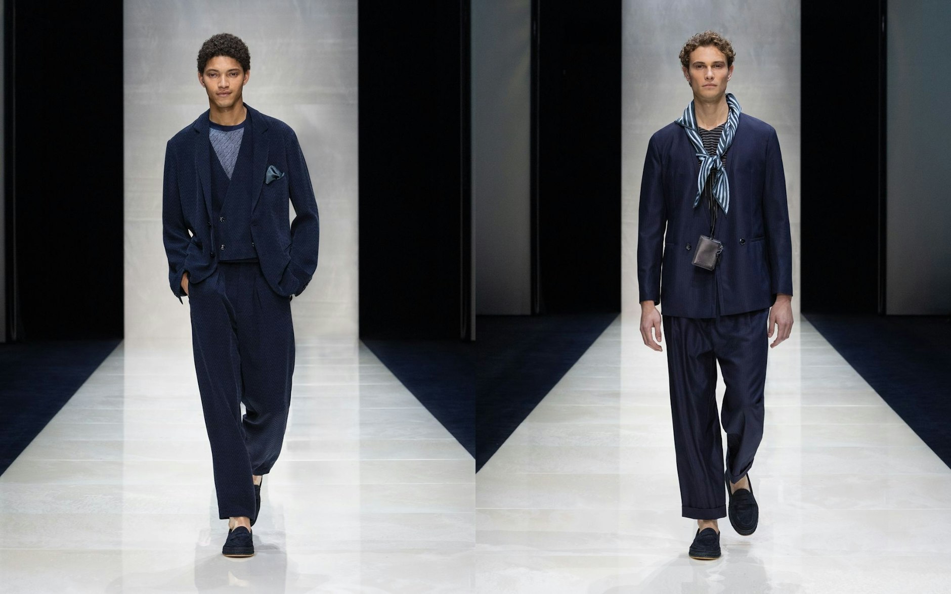 Italienische Lässigkeit bei der Modelegende Giorgio Armani. Hier zu sehen: die neue Männerkollektion für Sommer 2025 samt Hals- oder Einstecktüchern.