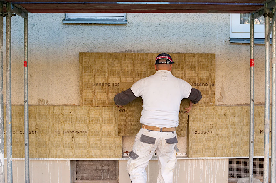 Ein Handwerker dämmt die Fassade eines Hauses.&nbsp;