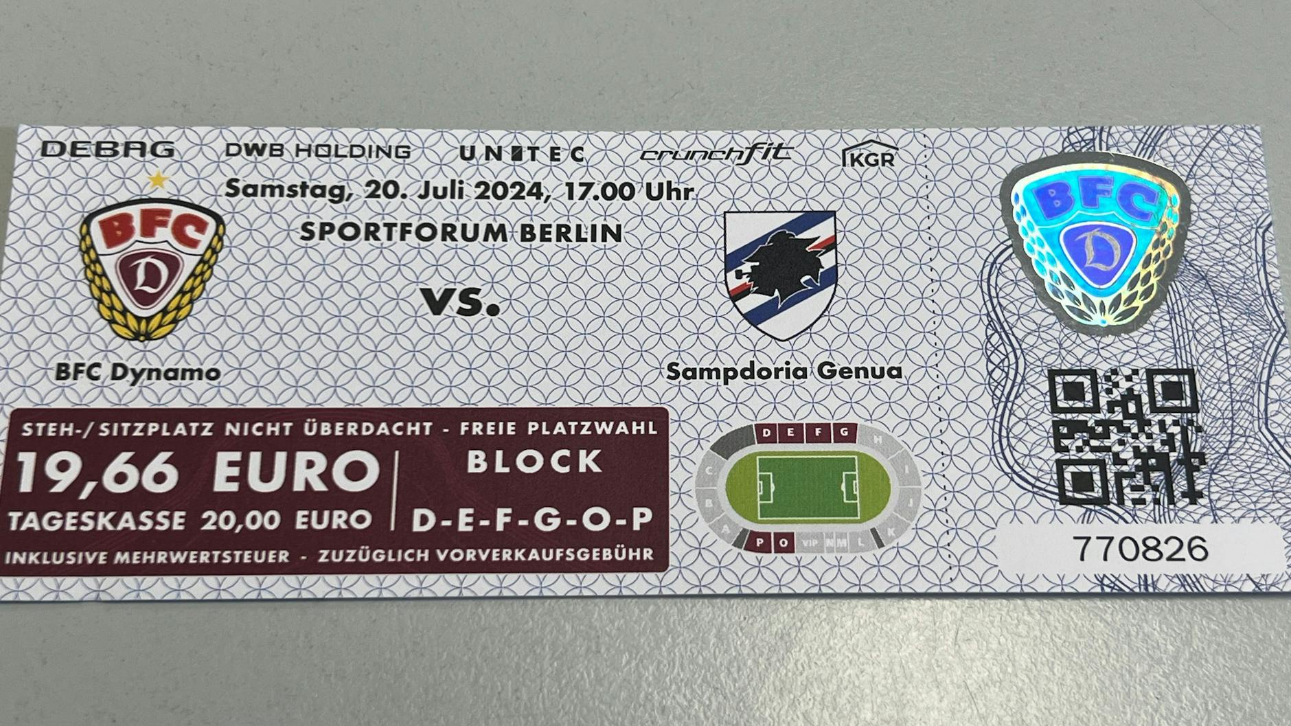 So sieht sie aus, die Eintrittskarte für den Knaller des BFC Dynamo gegen Sampdoria Genua.