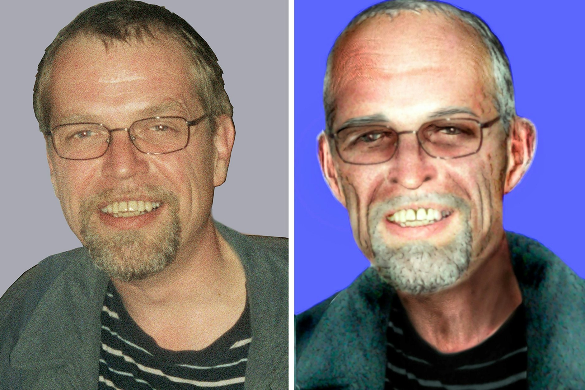 Die Bildkombo zeigt Fahndungsfotos des früheren RAF-Terroristen Ernst-Volker Staub: im Jahr 2002&nbsp; (l.) und ein vom LKA angefertigtes Aging-Foto, wie Staub heute, im Alter von 69 Jahren, aussehen könnte.